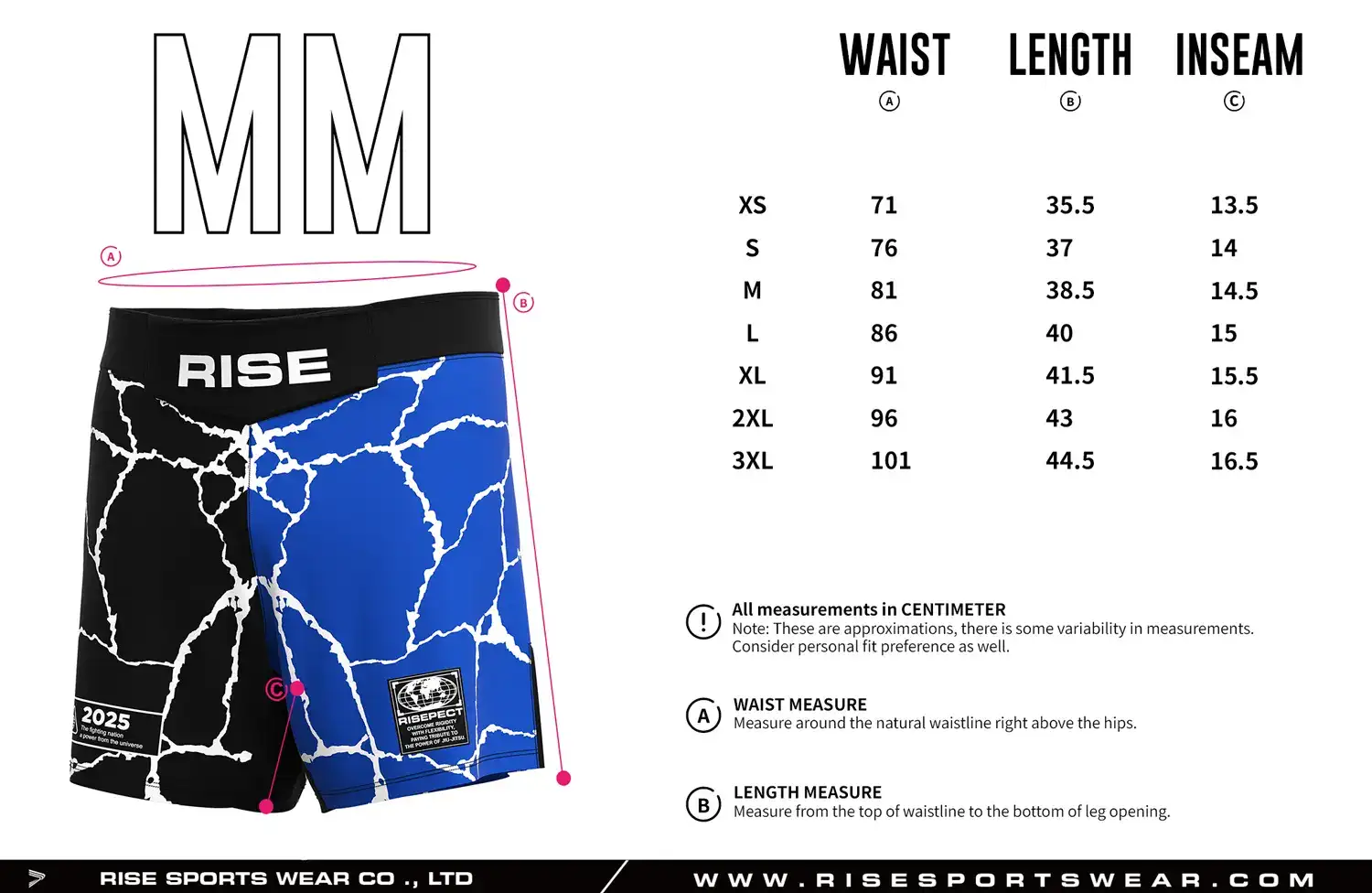 Customize your own brand/club/team sizes chart, or RISE Blue Crack Pattern MMA Shorts' sizes chart.