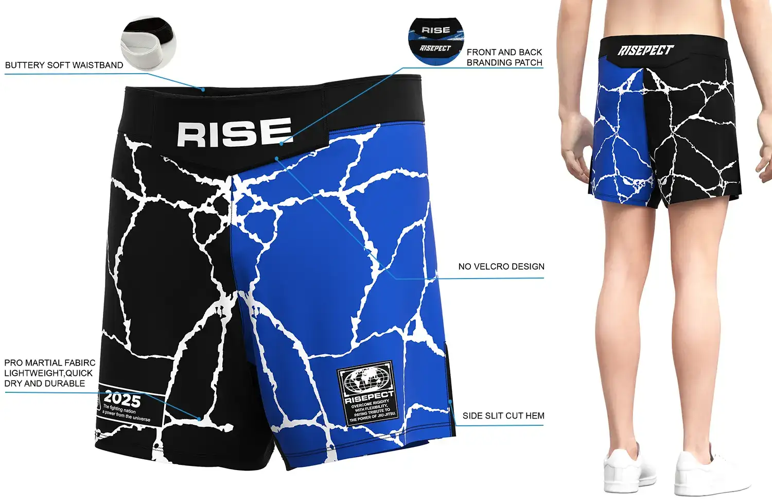 Front and back view of RISE Blue Crack Pattern MMA Shorts, showing buttery soft waistband, front and back branding patches, no-velcro design, pro martial fabric, and side slit cut hem.