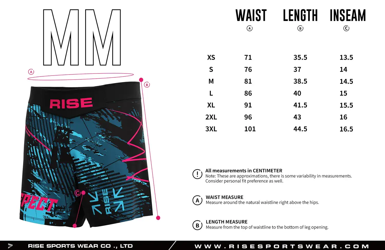 Customize your own brand/club/team sizes chart, or use RISE Blue Electric MMA Shorts' sizes chart.