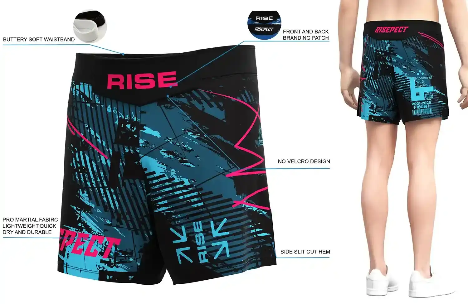 Front and back view of RISE Blue Electric MMA Shorts, showing buttery soft waistband, front and back branding patches, no-velcro design, pro martial fabric, and side slit cut hem.