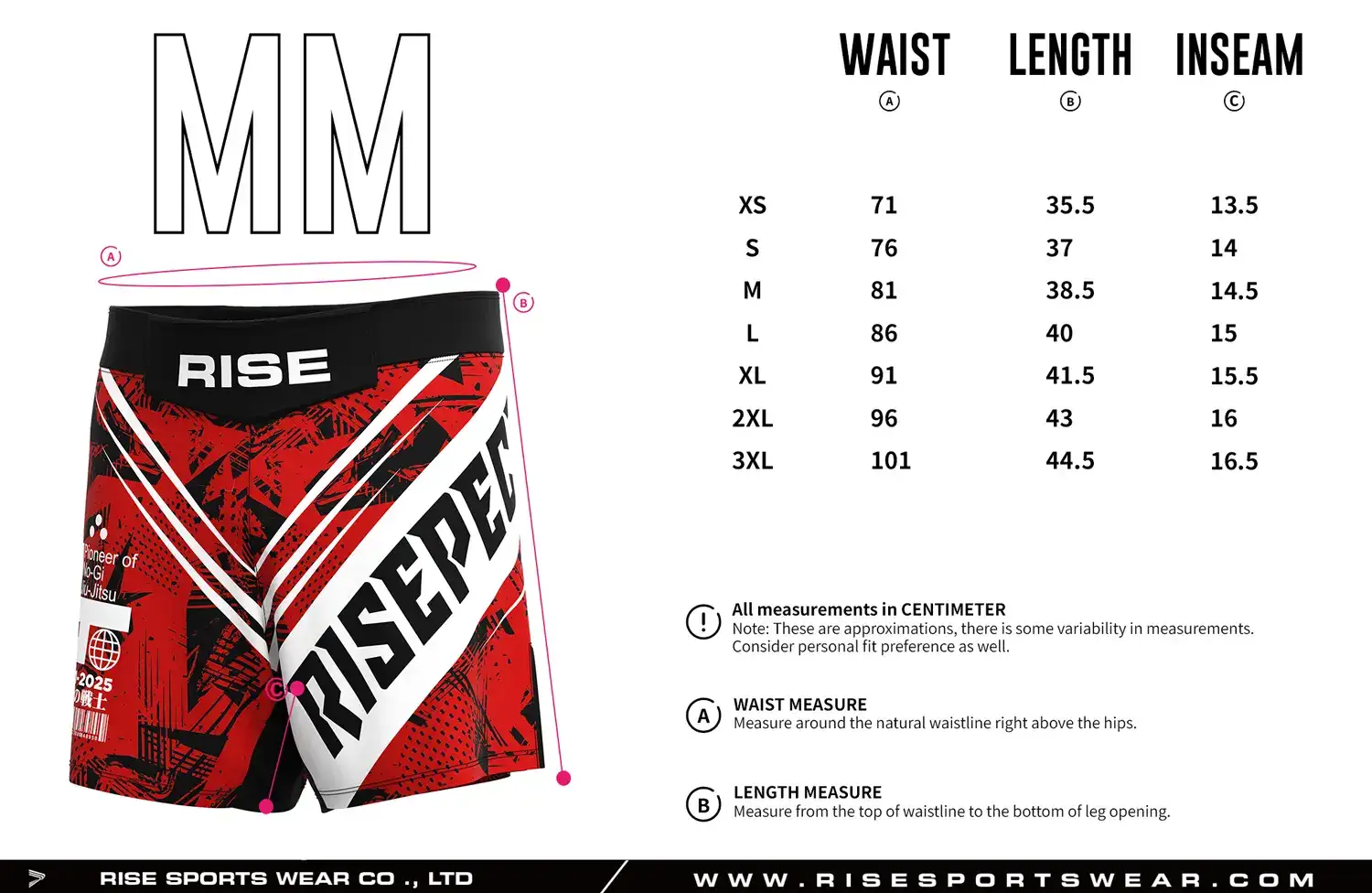 Customize your own sizes chart, or use RISE Red Nogi MMA Shorts' sizes chart.