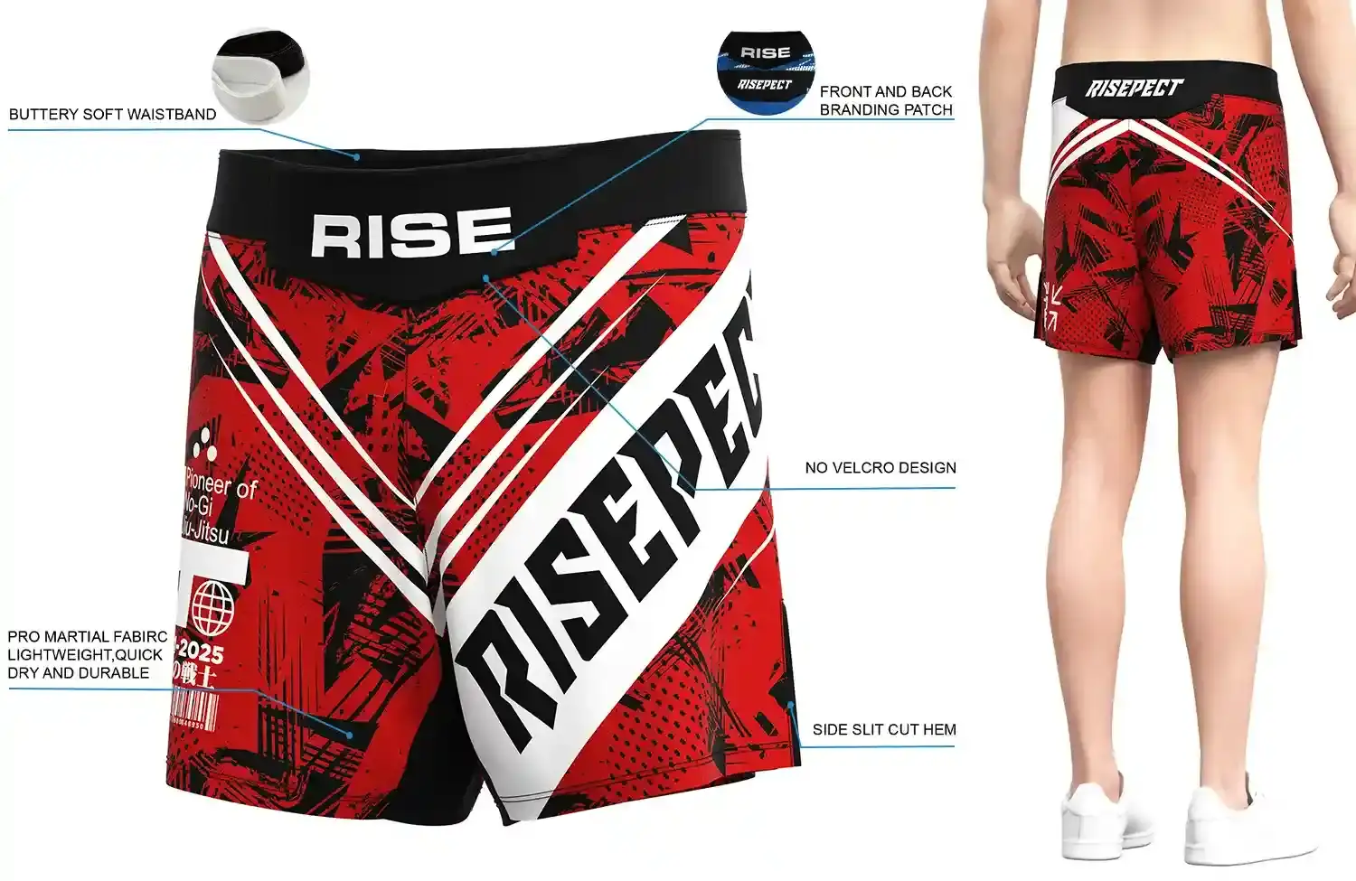 Front and back view of RISE Red Nogi MMA Shorts, showing buttery soft waistband, front and back branding patches, no-velcro design, pro martial fabric, and side slit cut hem.