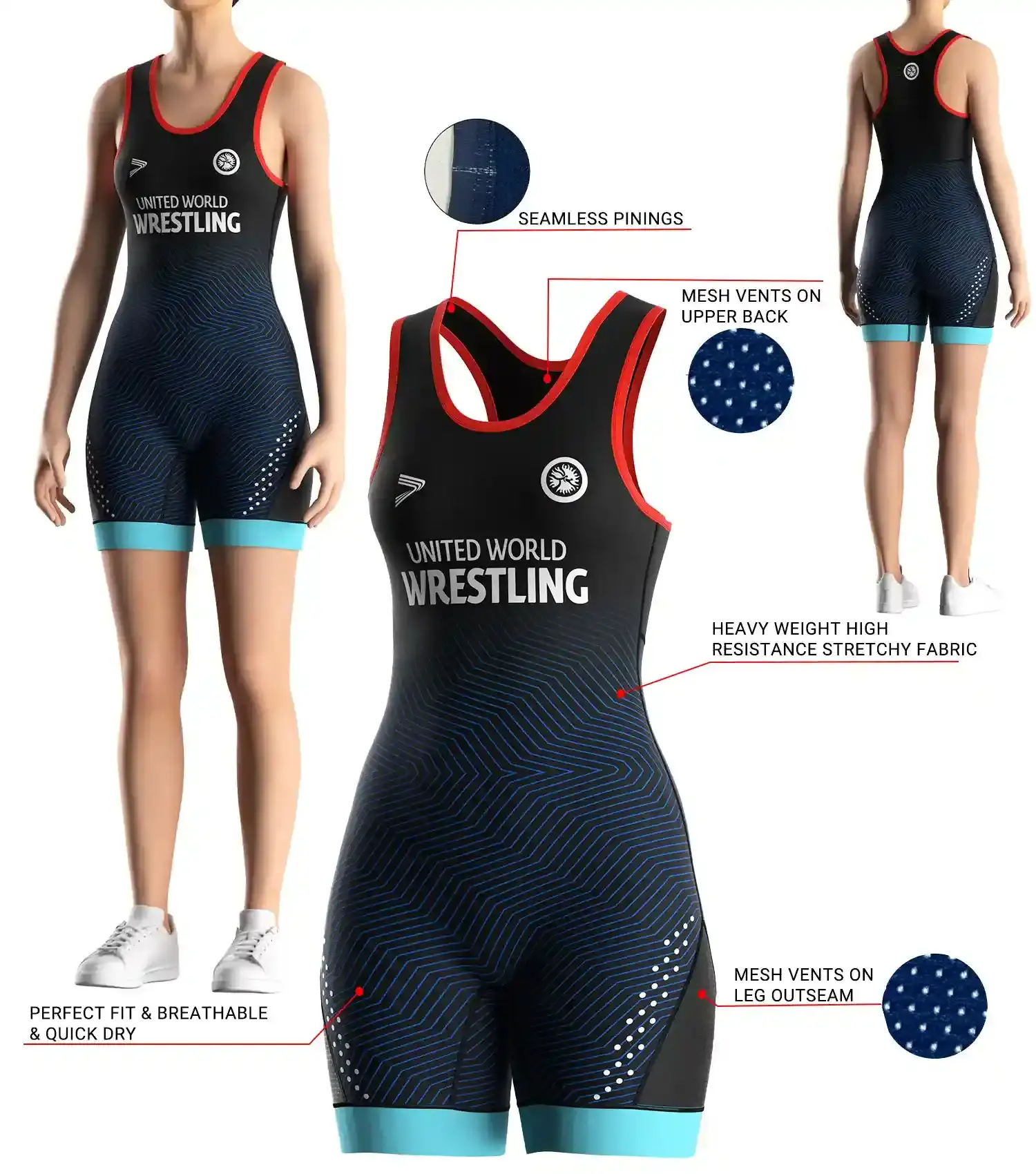 Front and back view of Blue Echo Women Wrestling Leotard with 3D model illustration showing fabric texture, mesh ventilation panels, seamless shoulder design, and ergonomic fit details for professional training and competition.