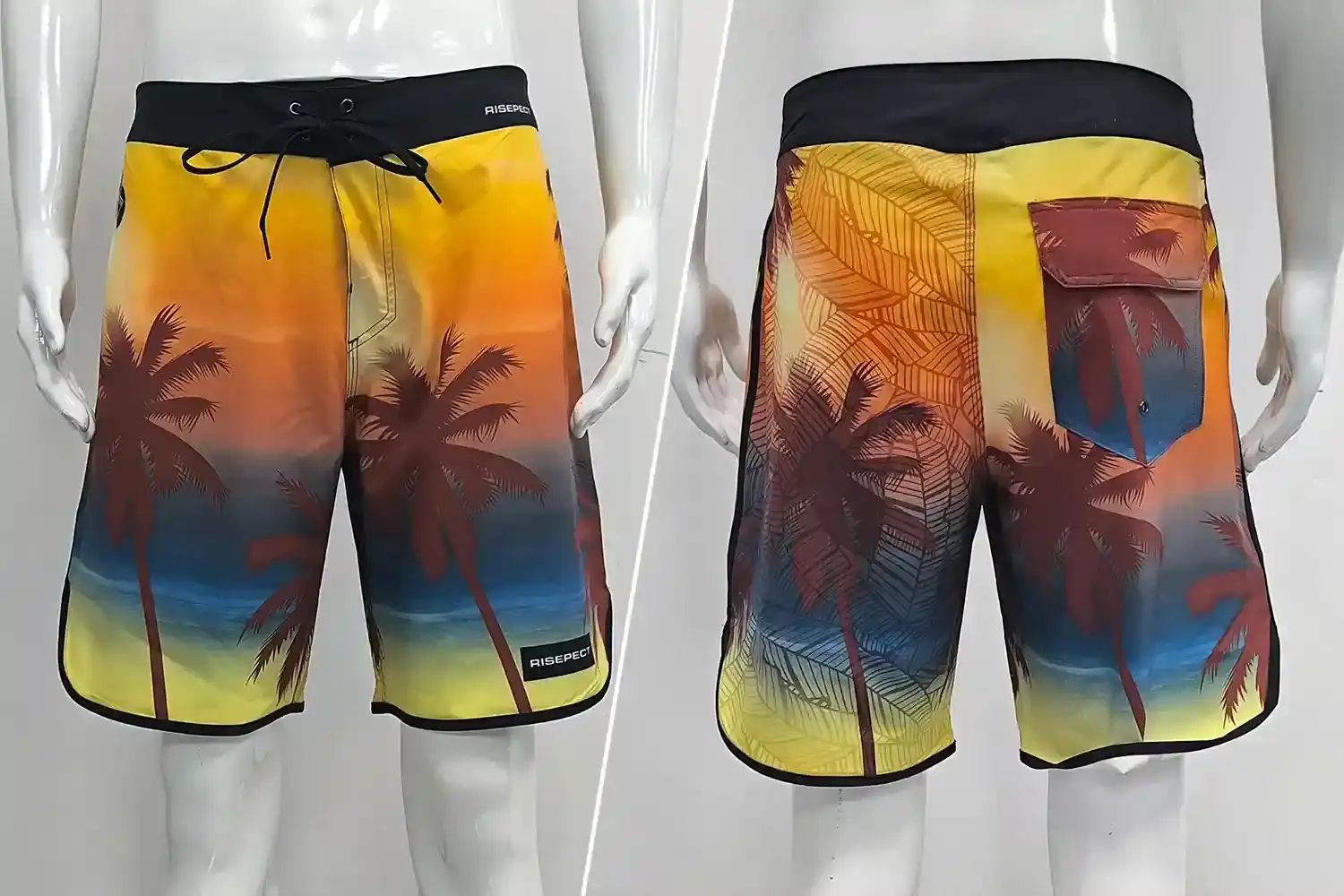 Front and back view of Brand Board Shorts Unisex ODM Surf Sea Dusk Pattern Quick-dry Shorts