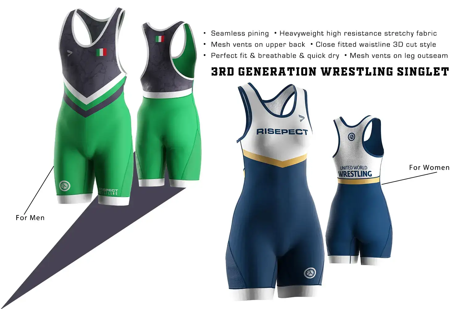 Front & back views of 3rd generation wrestling singlets for men & women, and detailed features.