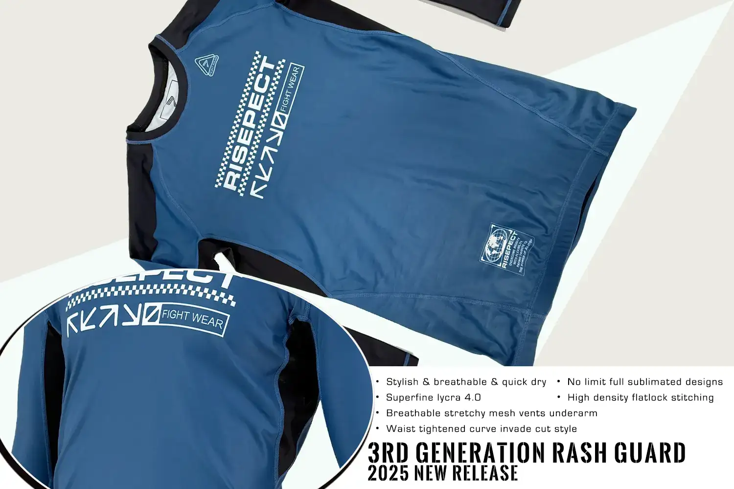 Real photo of 3rd generation rash guard, and its main detailed fetures: breathable stretchy mesh vents underarm, waist tightened curve invade cut style.