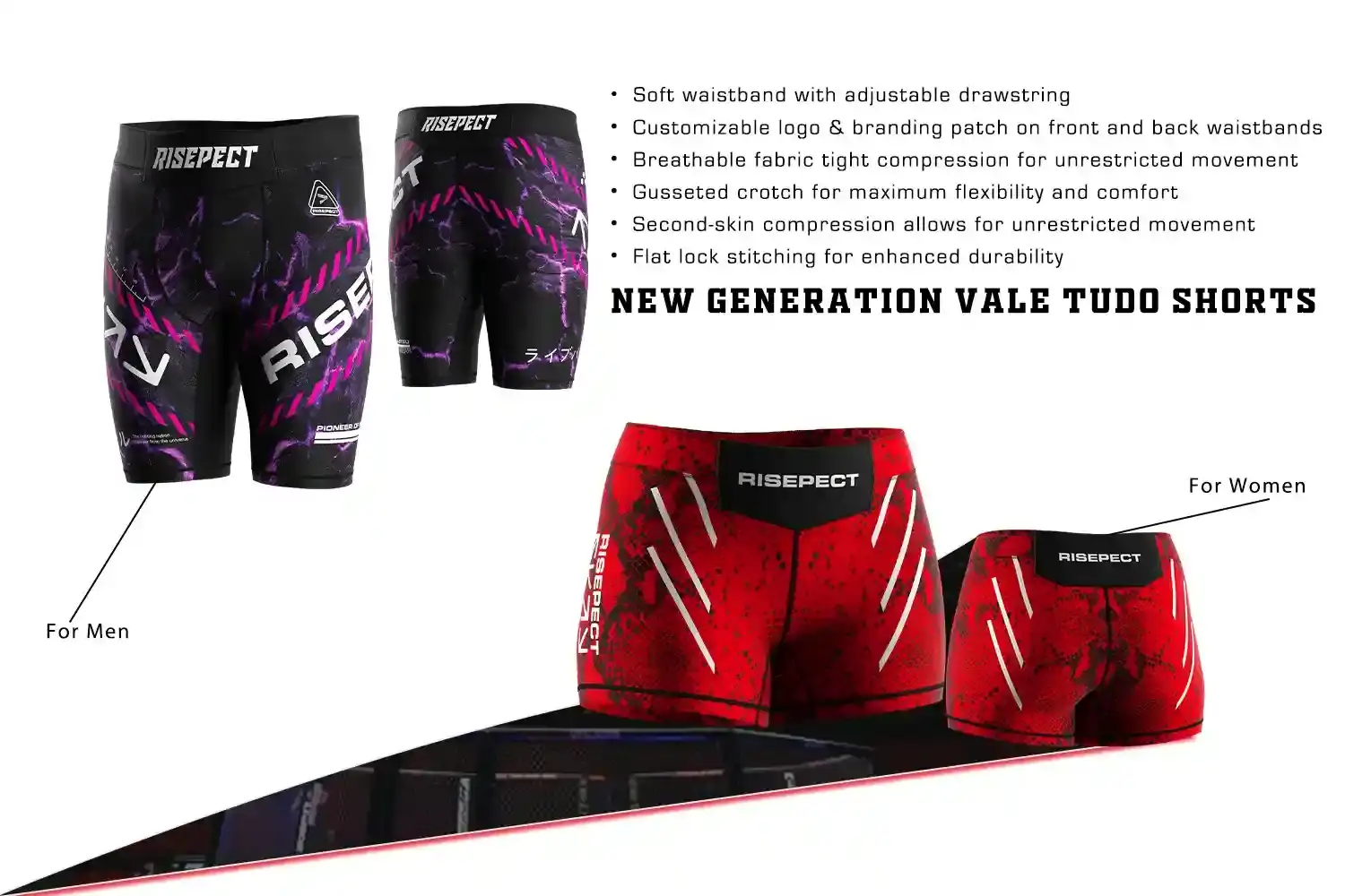 Front & back views of new generation Vale Tudo shorts for men & women, and detailed features.