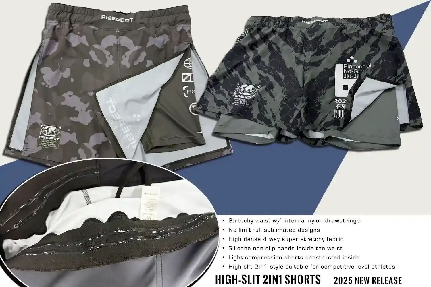 Two styles of high splits 2in1 shorts real photoes, and their main detailed fetures: silicone non-slip bands inside the waist, high slit 2in1 style suitable for competitive level athletes.