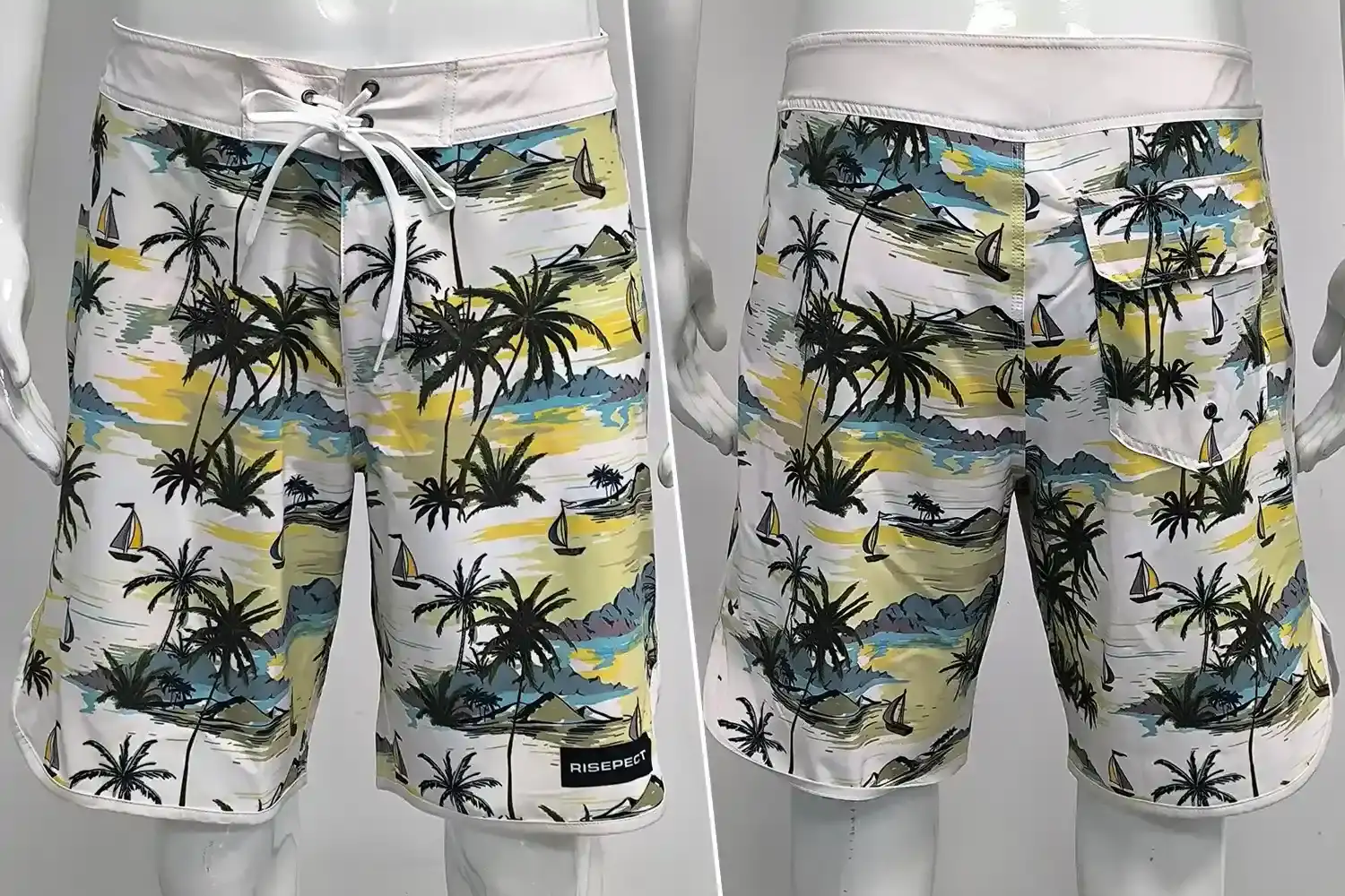 Front and back view of Men's Board 10" Inseam Shorts Stretch Fabric Sailboat Shorts ODM