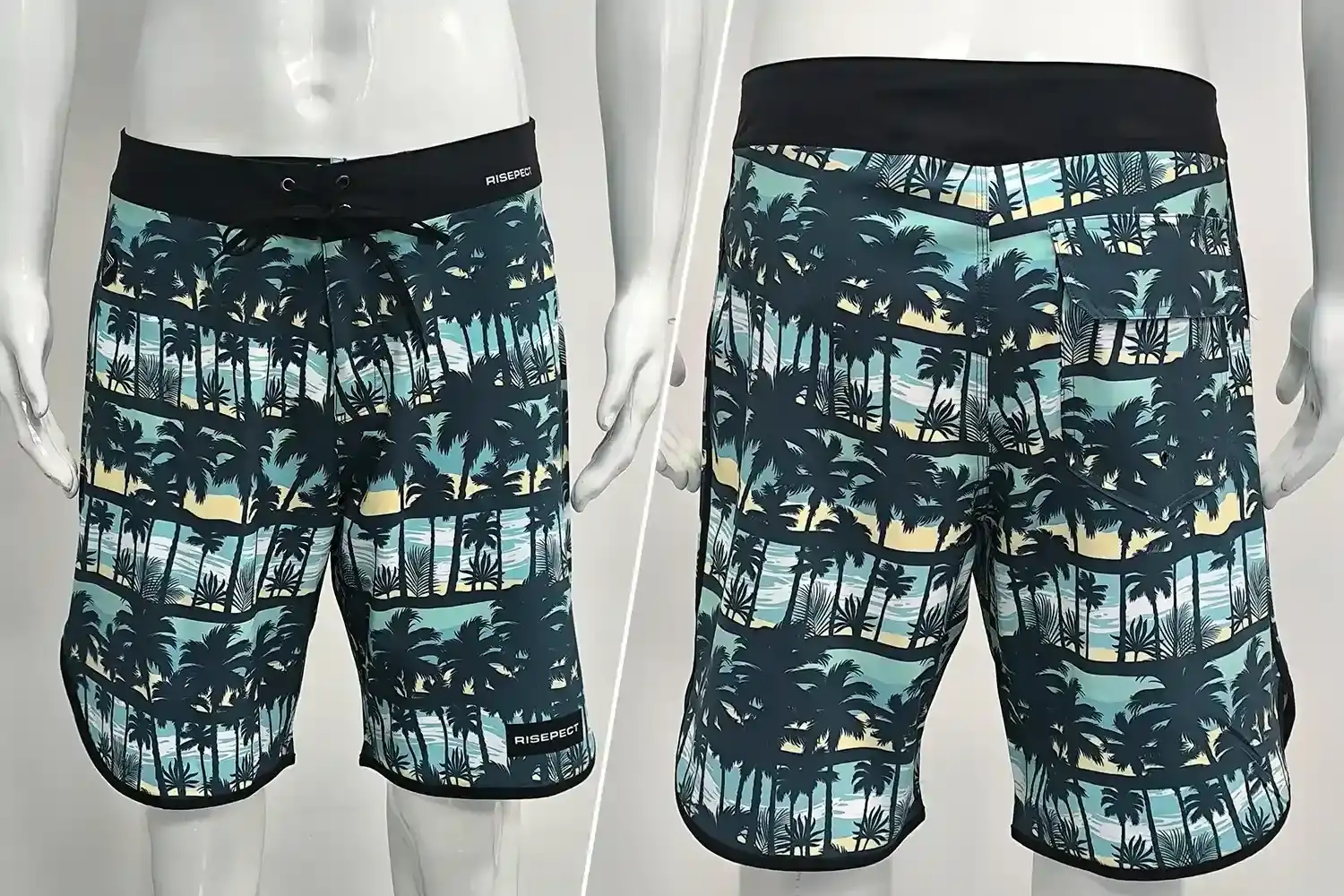 Front and back view of Men's Board Shorts Coconut Trees Print Drawstring Closure Surf Shorts