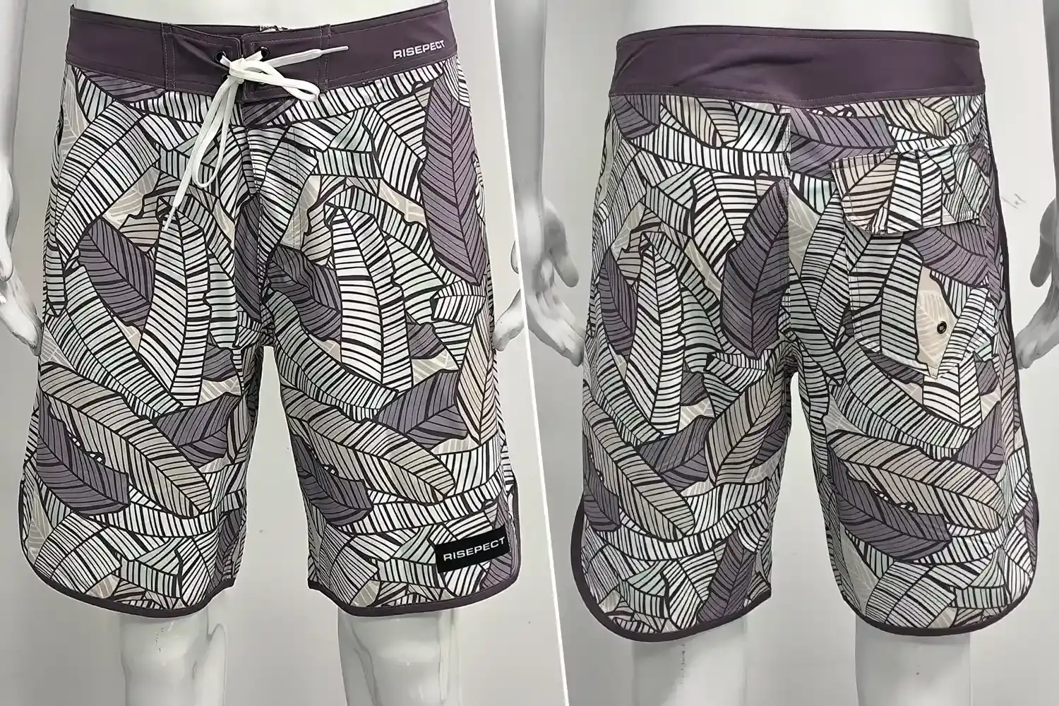 Front and Back View of Purple Leaf Print Surf Quick-dry Board Shorts Front and back view of Men's Quick-dry Board Shorts 9" Inseam Elastic Leaf Print Surf Shorts