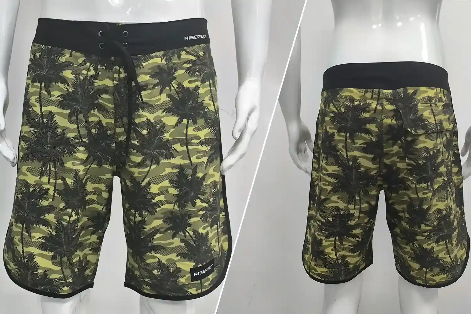 Front and Back View of Men's Stretch Board Shorts 10" Olive Plants Surf Adjustable Shorts