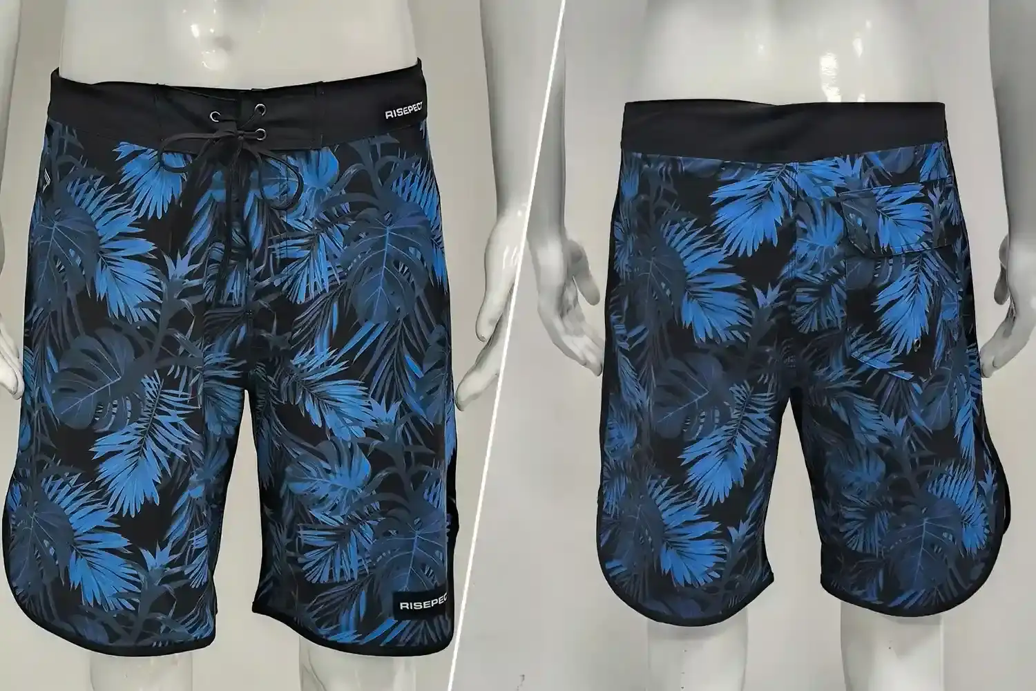 Front and back view of Men's Surf Board Shorts Blue Leaf Custom Lightweight Shorts Supplier