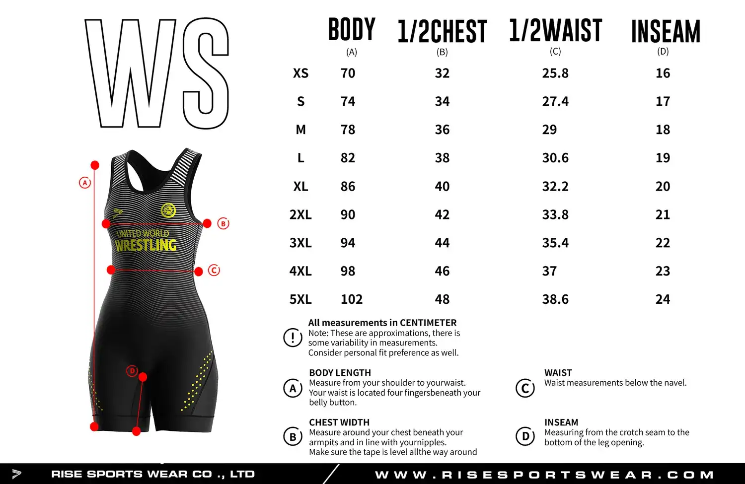Wrestling Womens Singlet's Sizes Chart, Acid Yellow Female Wrestling Singlet's Sizes Chart
