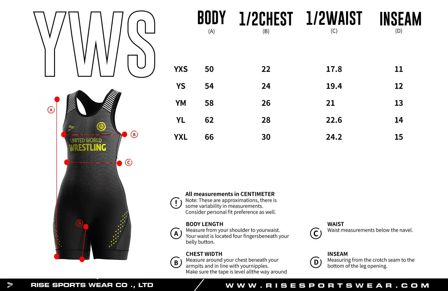 Acid Yellow Youth Female Wrestling Singlet' Sizes Chart