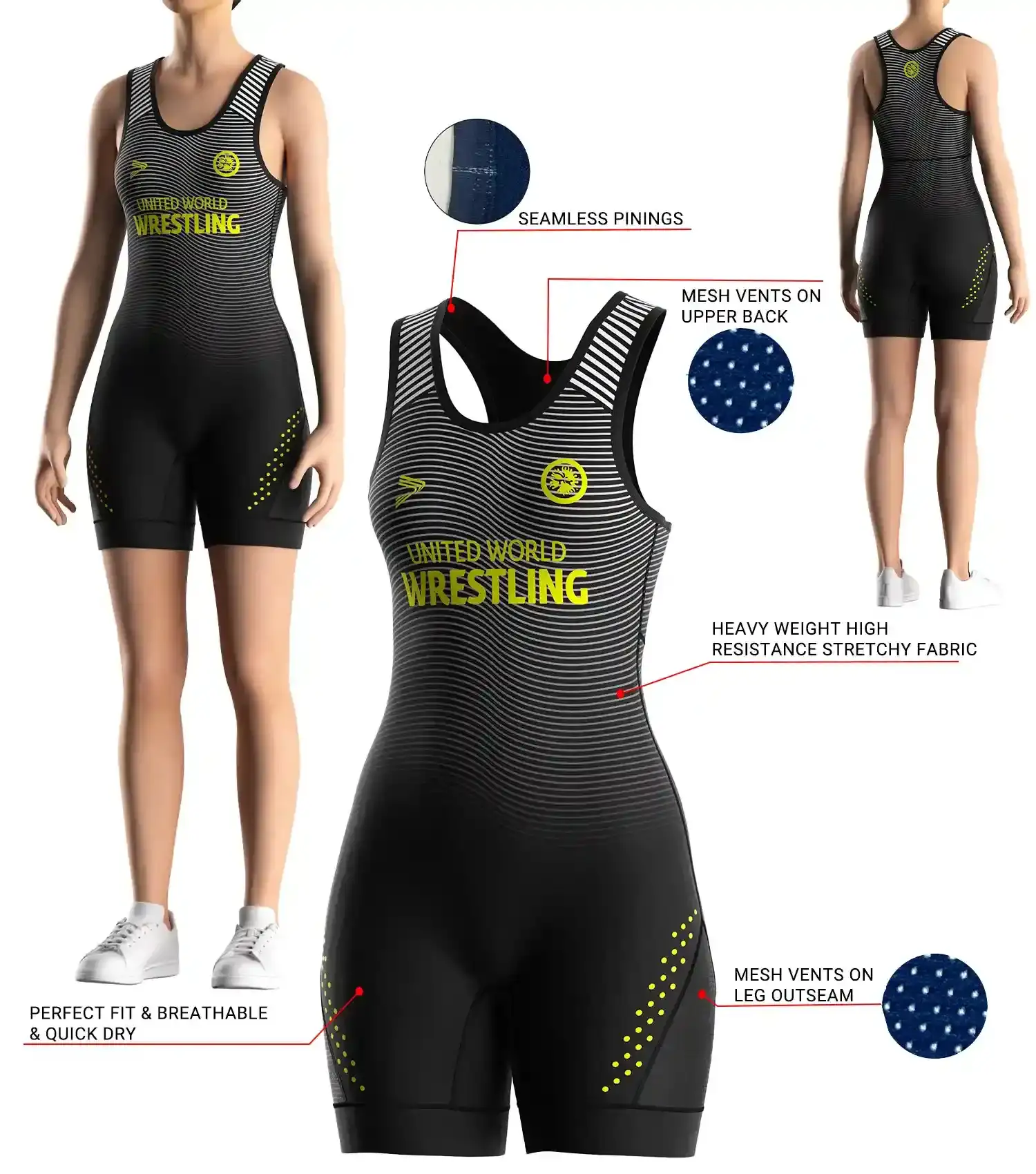 Front and back view of Acid Yellow Female Wrestling Singlet with 3D model illustration showing fabric texture, mesh ventilation panels, seamless shoulder design, and ergonomic fit details for professional training and competition.