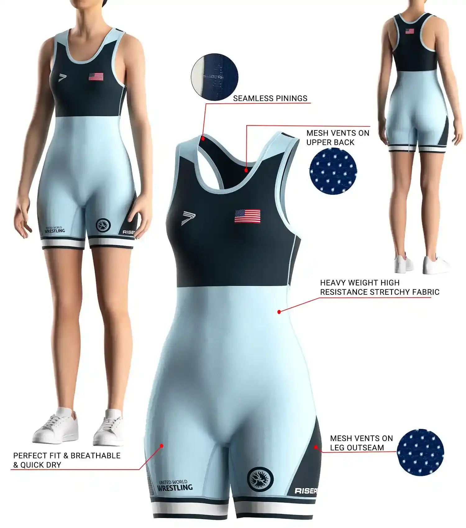 Front and back view of Ice Edge Freely Singlet with 3D model illustration showing fabric texture, mesh ventilation panels, seamless shoulder design, and ergonomic fit details for professional training and competition.