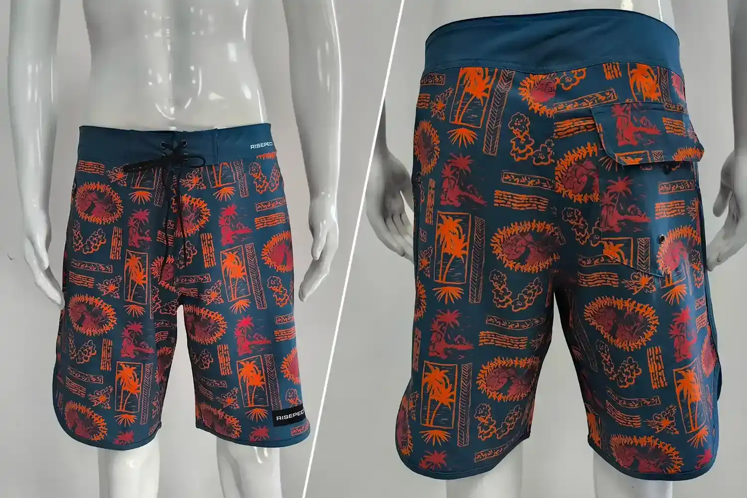 Front and back view of Rise Men's Long Board Shorts 12 Inch Inseam Men Retro Sublimation