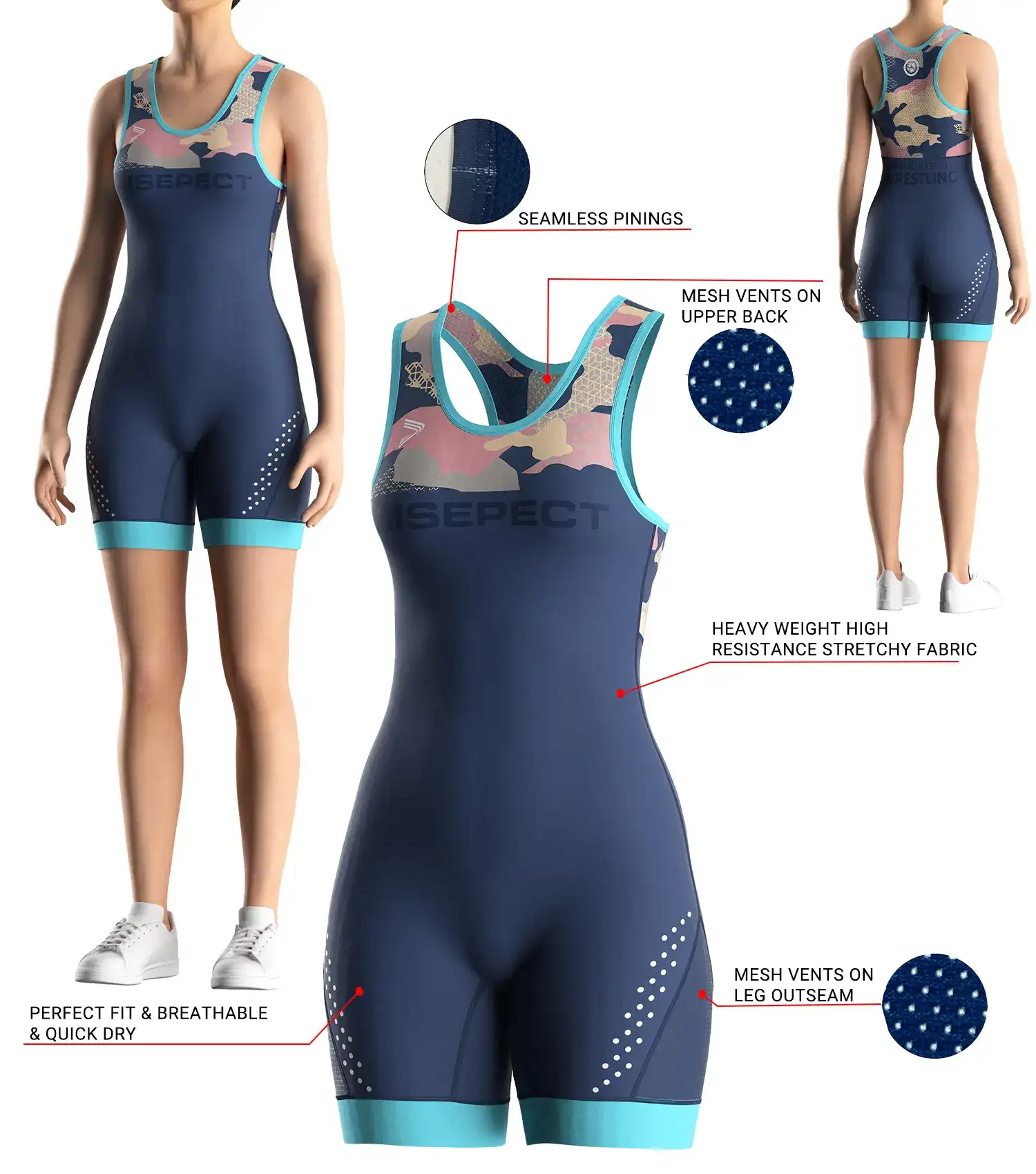 Front and back view of RISE Navy Energy Female Singlet with 3D model illustration showing fabric texture, mesh ventilation panels, seamless shoulder design, and ergonomic fit details for professional training and competition.