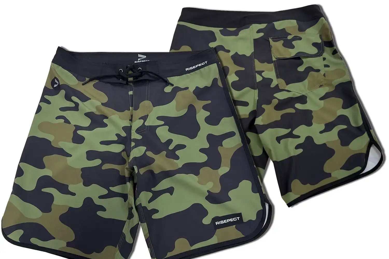 Green Camouflage Board Shorts Front and Back Shot