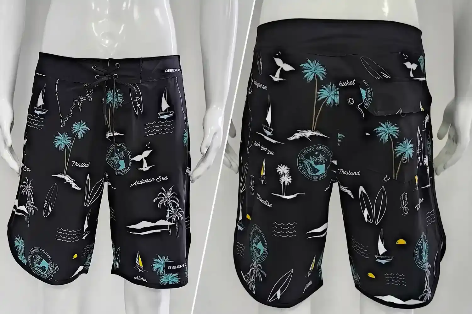 Front and back view of Unisex Surf Print Board Shorts Andaman Sea Tropical Adjustable Waist