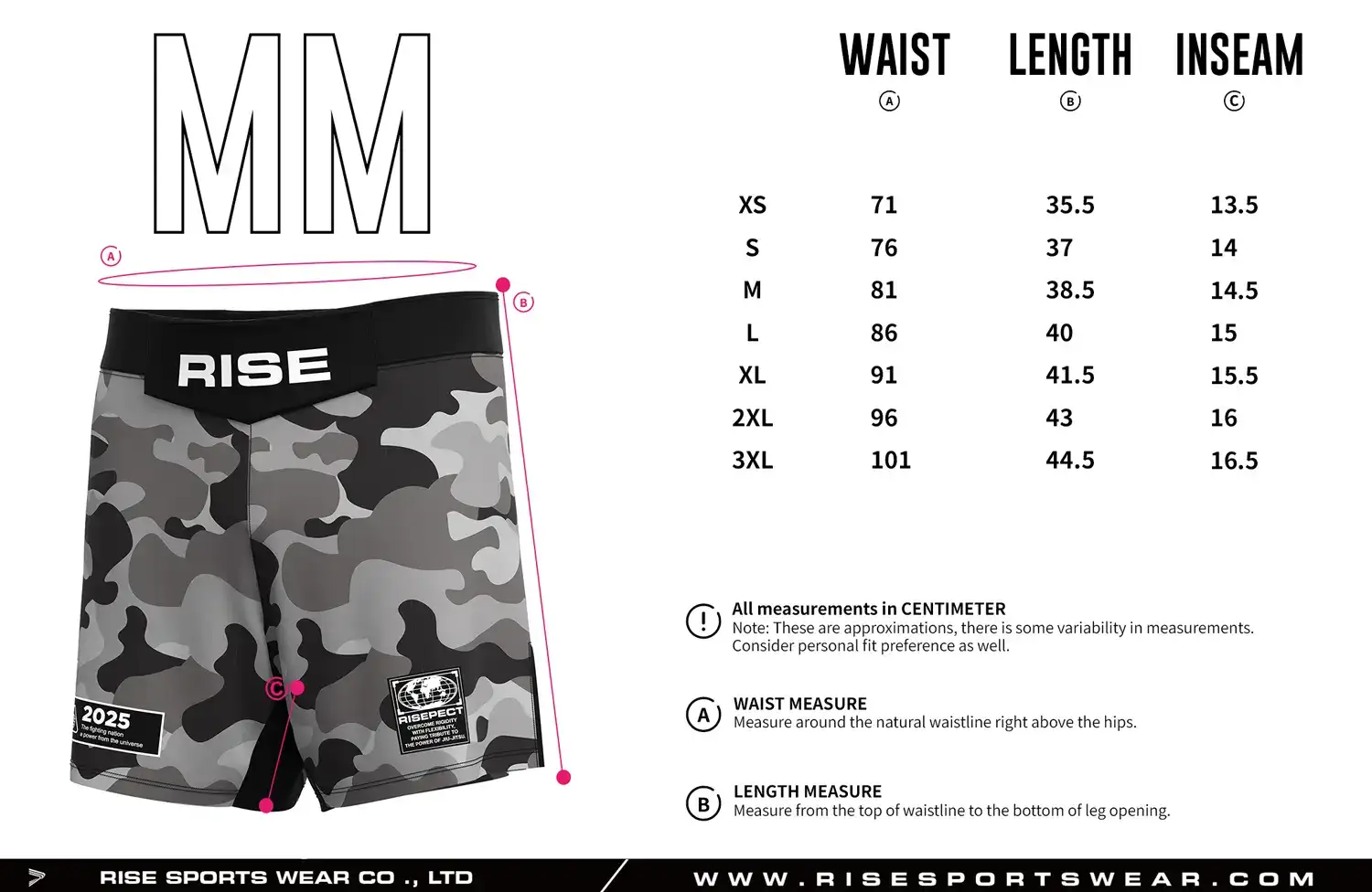 Customize your own brand/club/team sizes chart, or use our Gray Camo MMA Shorts' sizes chart.