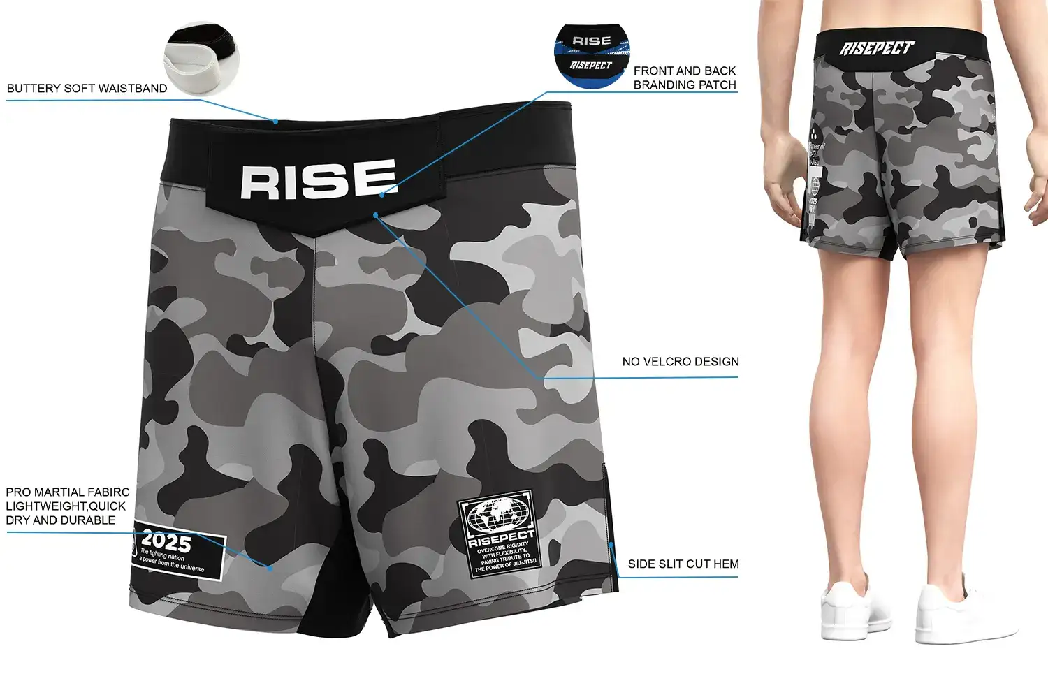 Front and back view of Gray Camo MMA Shorts, showing buttery soft waistband, front and back branding patches, no-velcro design, pro martial fabric, and side slit cut hem.