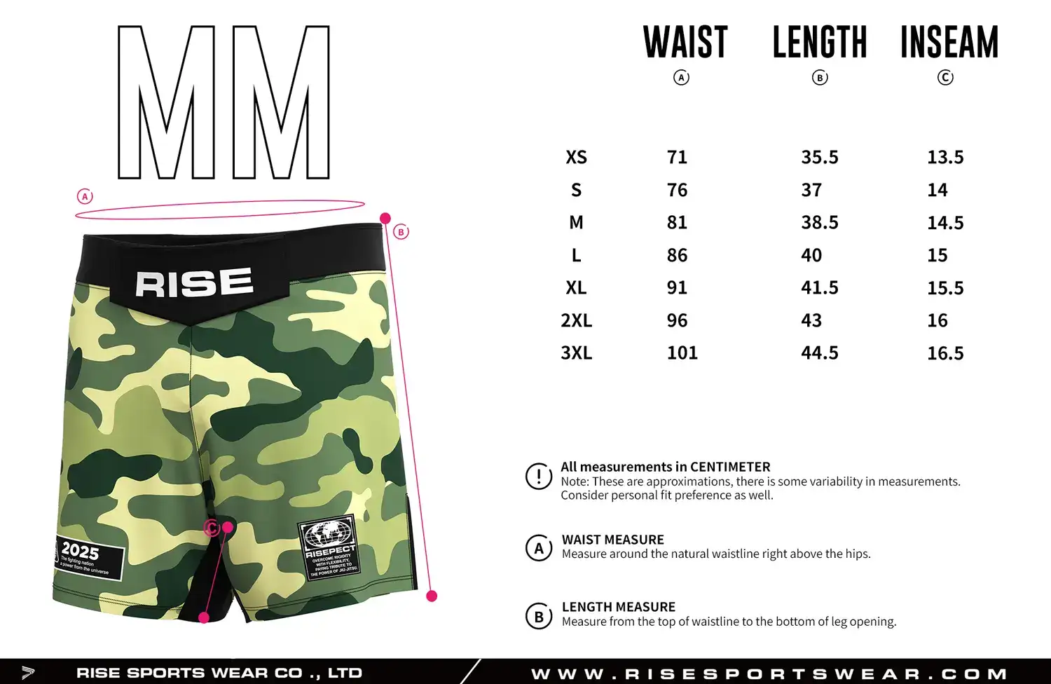 Customize your own brand/club/team sizes chart, or use our Green Camo BJJ Shorts' sizes chart.