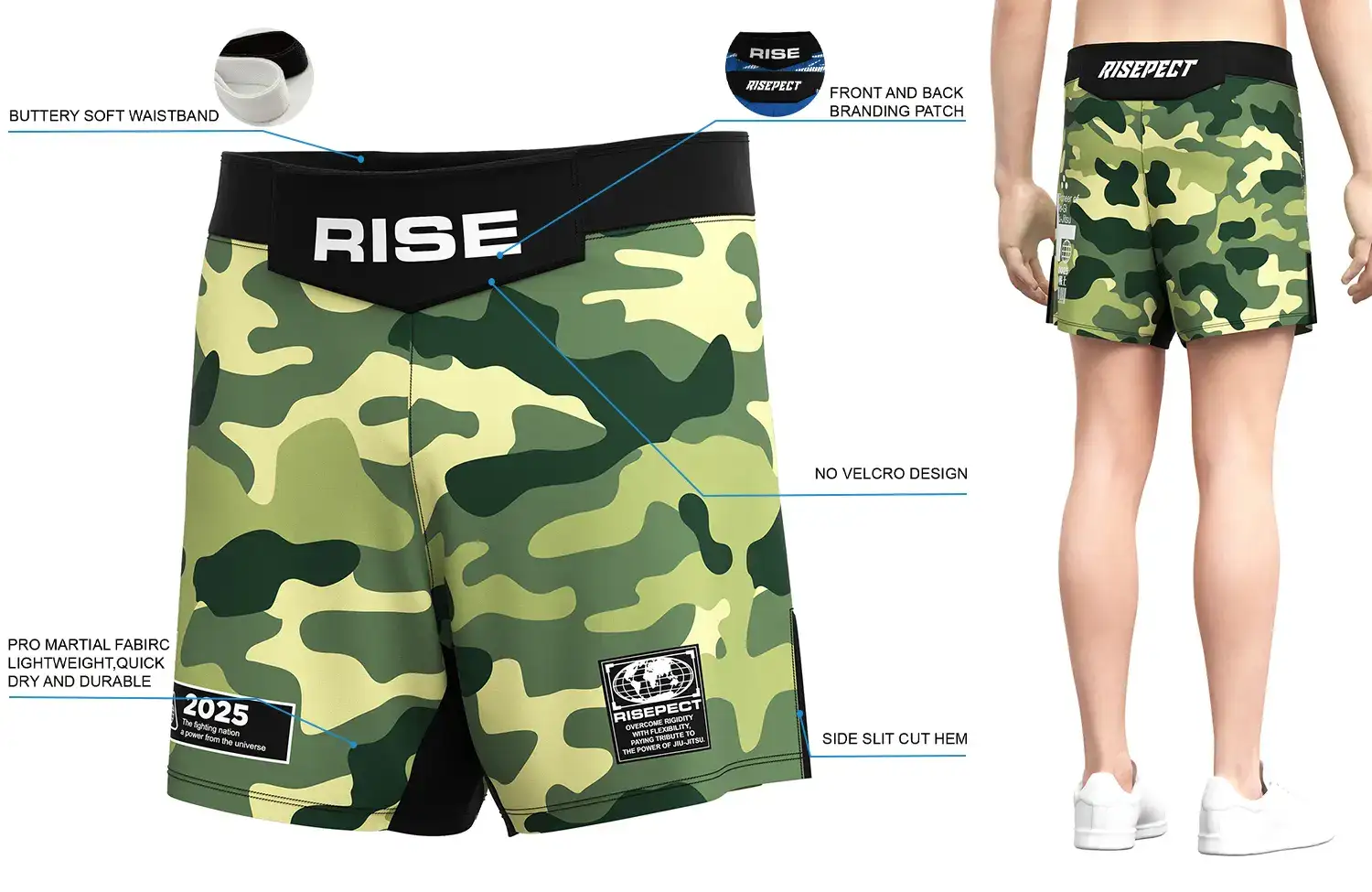Front and back view of Green Camo BJJ Shorts, showing buttery soft waistband, front and back branding patches, no-velcro design, pro martial fabric, and side slit cut hem.