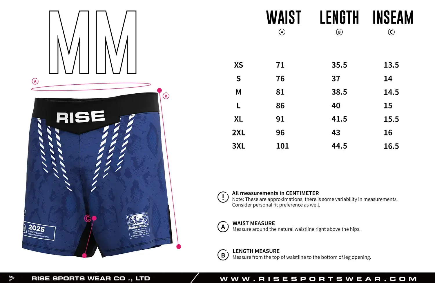 Customize your own brand/club/team sizes chart, or use our Navy Blue MMA Shorts' sizes chart.