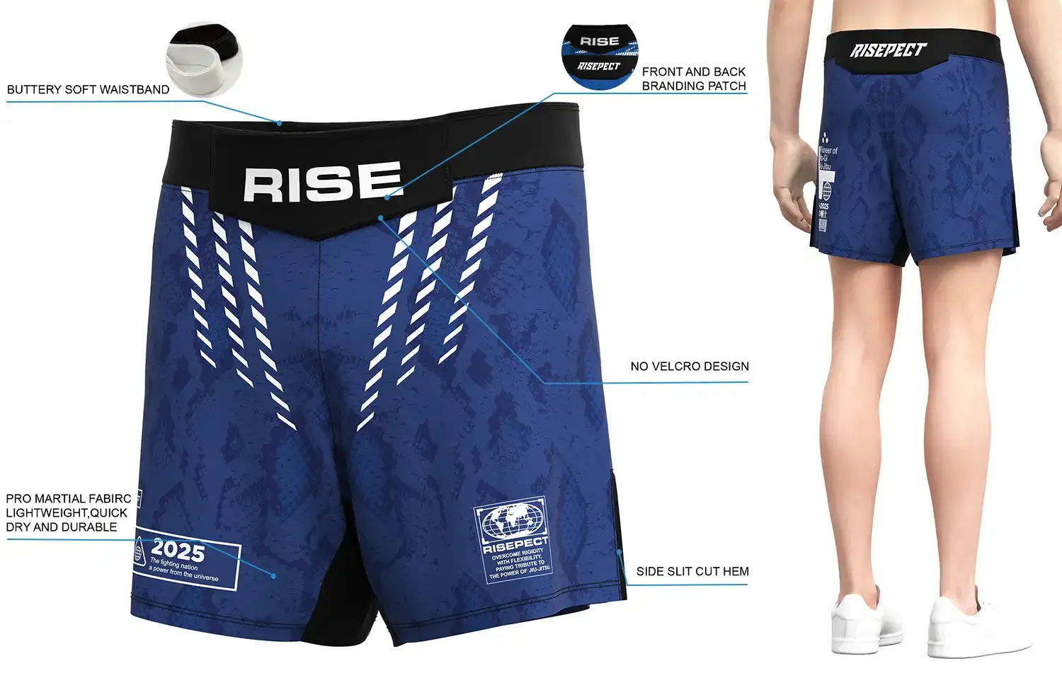 Front and back view of RISE Navy Blue MMA Shorts, showing buttery soft waistband, front and back branding patches, no-velcro design, pro martial fabric, and side slit cut hem.