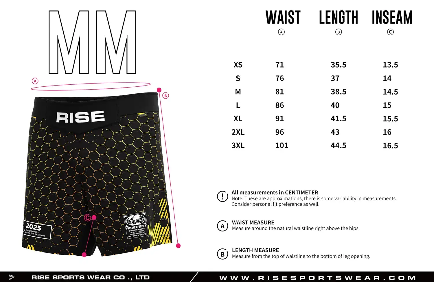 Customize your own brand/club/team sizes chart, or use our Yellow Honeycomb MMA Shorts' sizes chart.