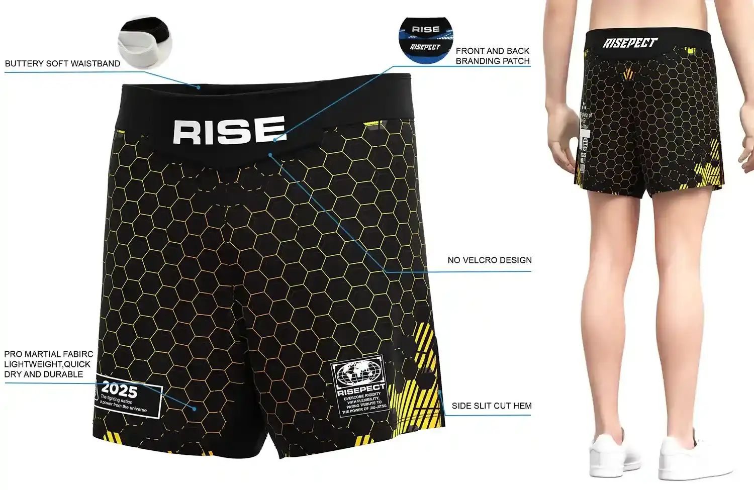 Front and back view of Yellow Honeycomb MMA Shorts, showing buttery soft waistband, front and back branding patches, no-velcro design, pro martial fabric, and side slit cut hem.