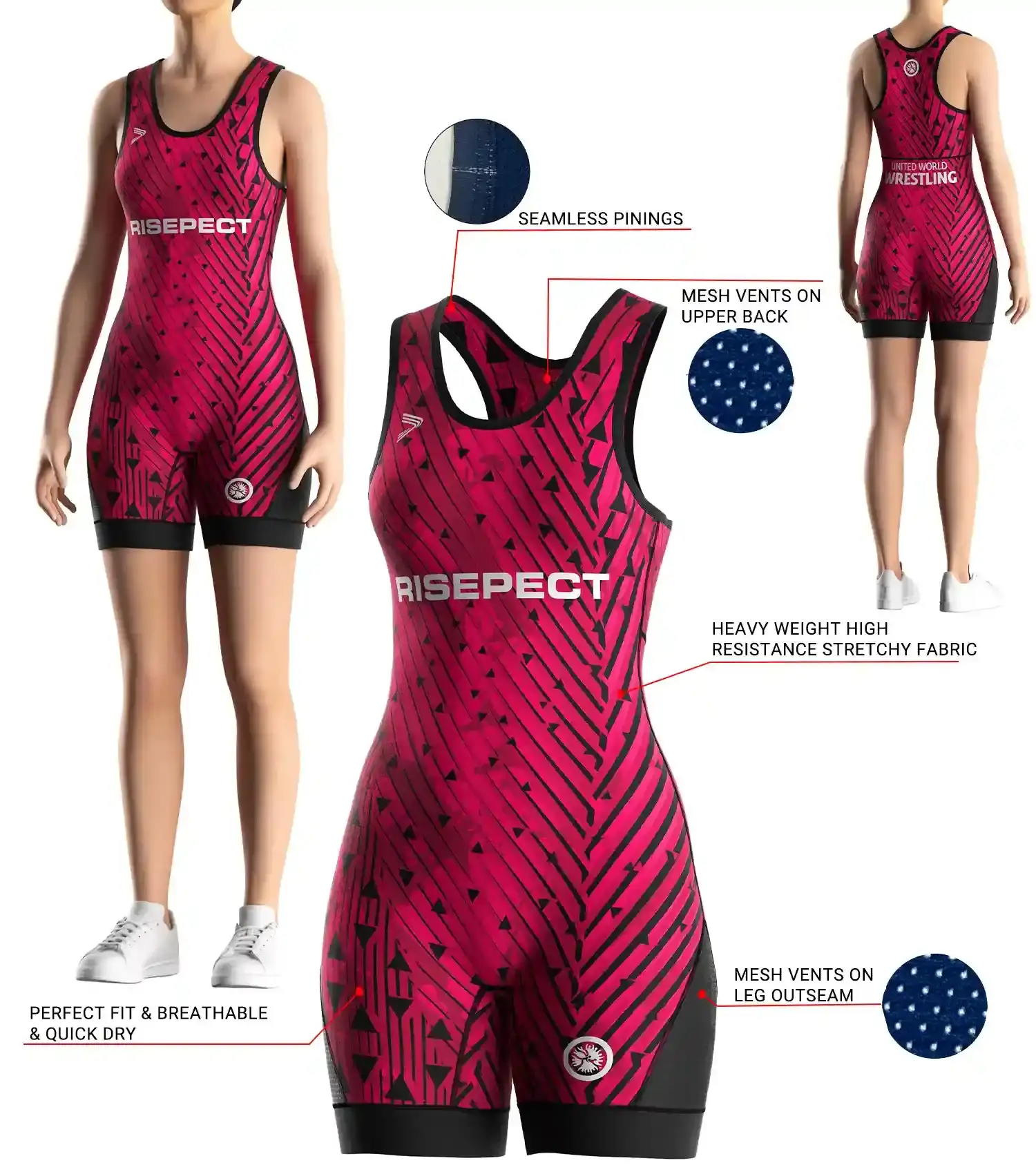 Front and back view of Magenta Women's Reversible Wrestling Singlet with 3D model illustration showing fabric texture, mesh ventilation panels, seamless shoulder design, and ergonomic fit details for professional training and competition.