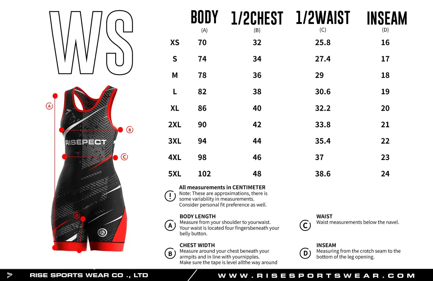 Customize your own brand/club/team female wrestling leotard's sizes chart, or use our RISE Black Strike Female Wrestling Leotard Singlet's Sizes Chart.
