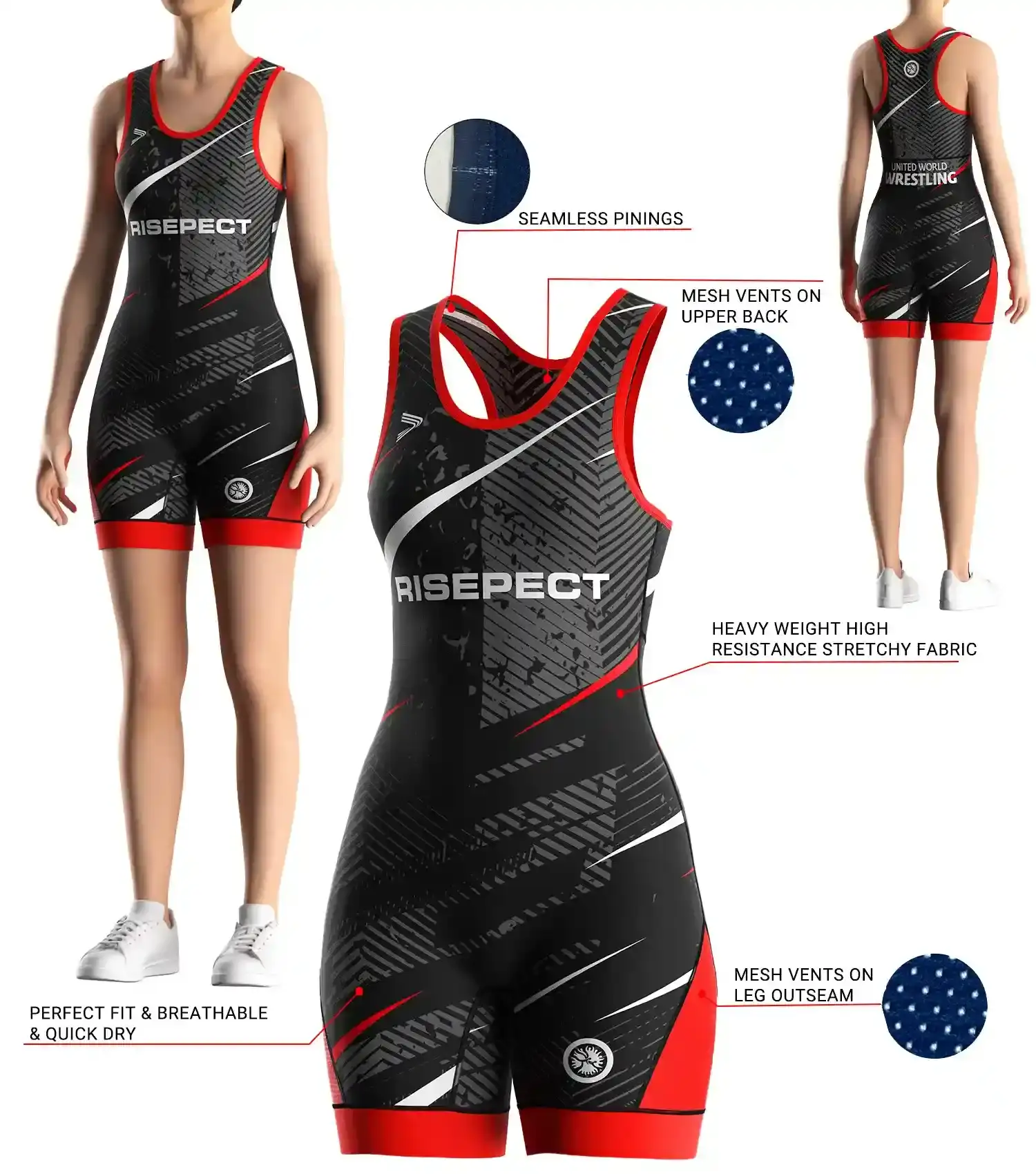 Front and back view of RISE Black Strike Female Wrestling Leotard Singlet with 3D model illustration showing fabric texture, mesh ventilation panels, seamless shoulder design, and ergonomic fit details for professional training and competition.