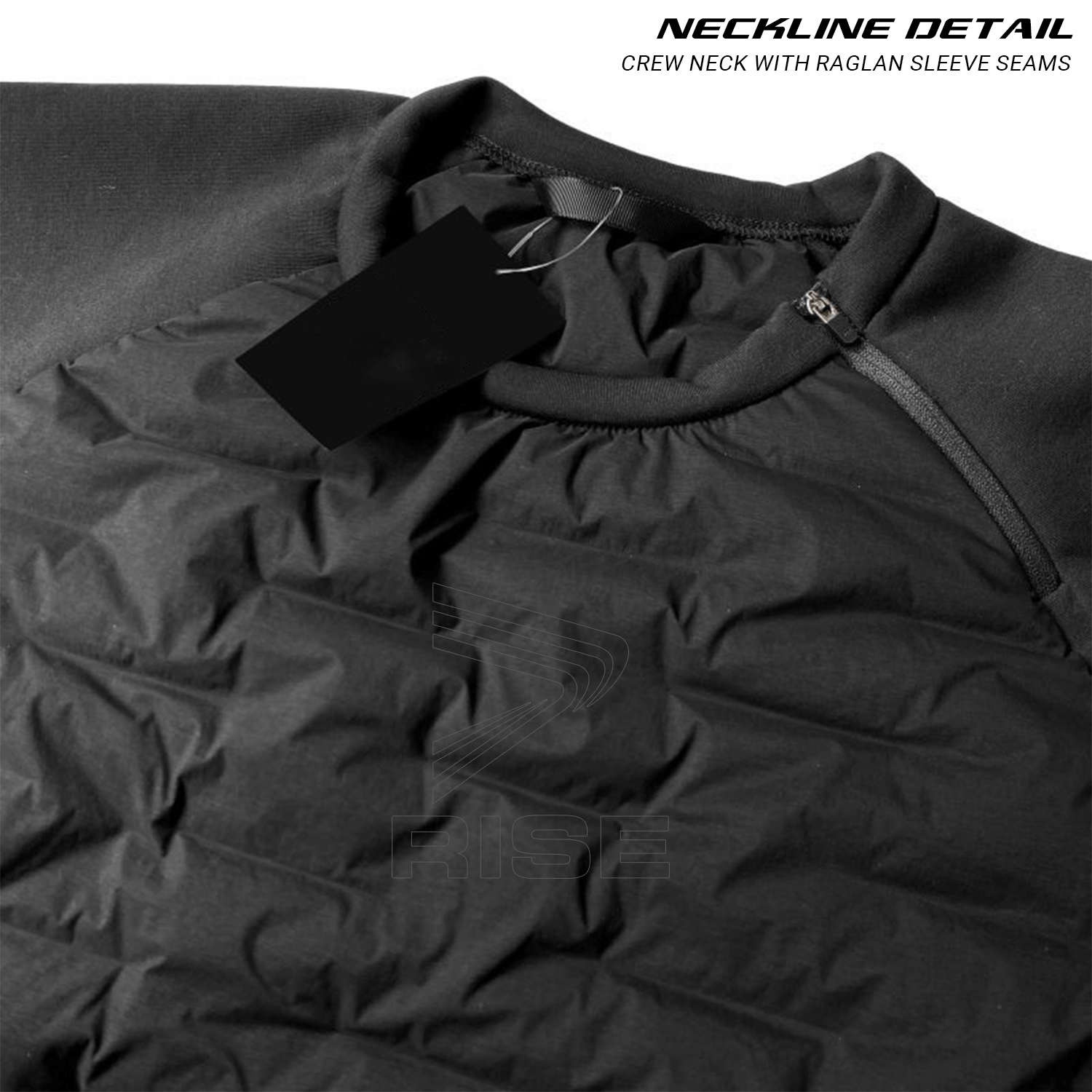 Neckline Detail of Black Ultra Light Down Jacket Hoodless Neckline Detail: Crew neck with raglan sleeve seams for a clean, athletic silhouette and unrestricted shoulder movement.