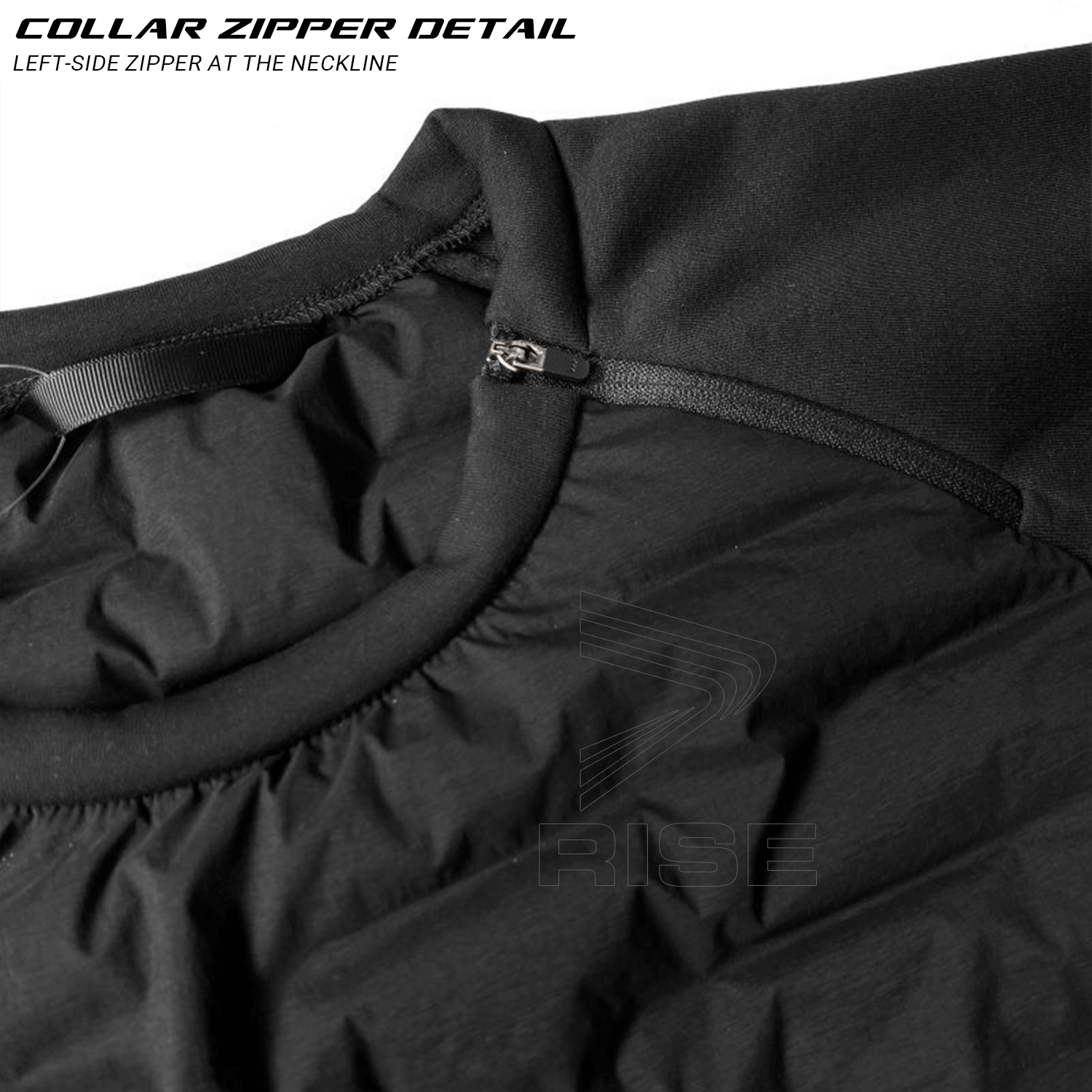 Collar Zipper Detail of Black Ultra Light Down Jacket Hoodless Collar Zipper Detail: Left-side zipper at the neckline offers easy on-and-off functionality without compromising fit.