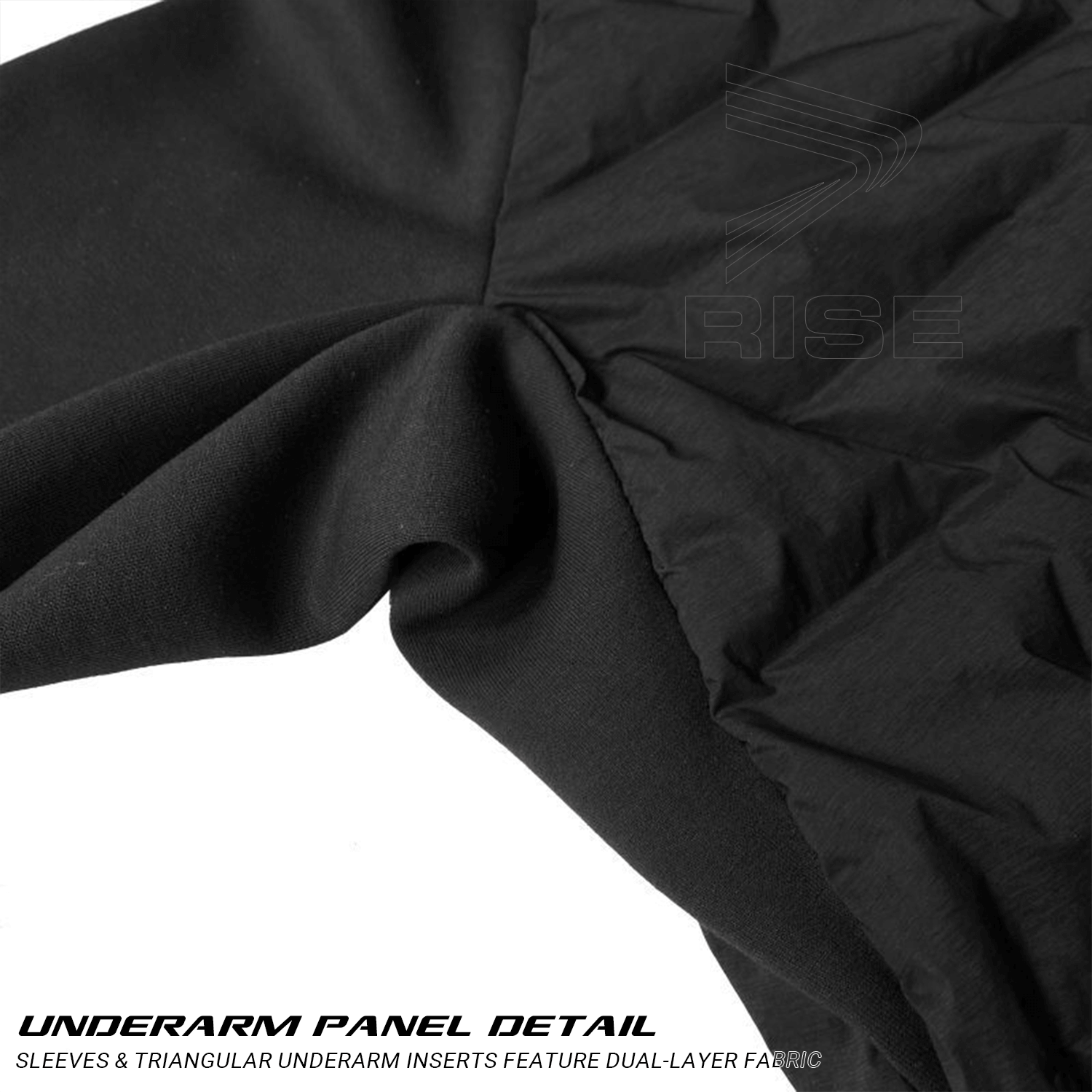 Underarm Panel Detail of Black Ultra Light Down Jacket Hoodless Underarm Panel Detail: Sleeves and Triangular underarm inserts feature dual-layer fabric: fleece-lined interior for warmth, smooth exterior for durability and comfort.