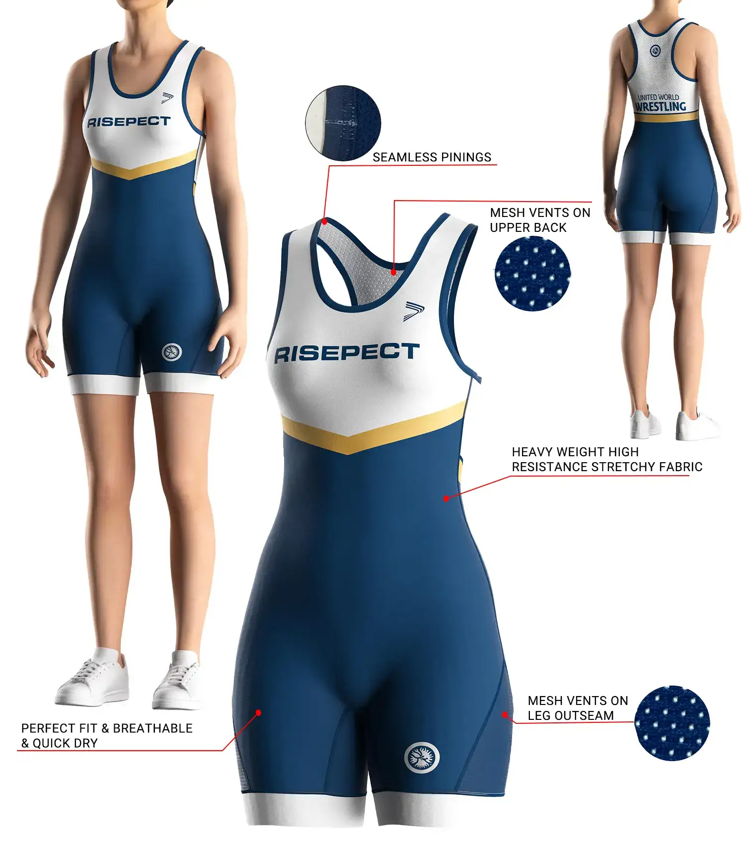 Front and back view of Wonder Woman Wrestling Singlet with 3D model illustration showing fabric texture, mesh ventilation panels, seamless shoulder design, and ergonomic fit details for professional training and competition.