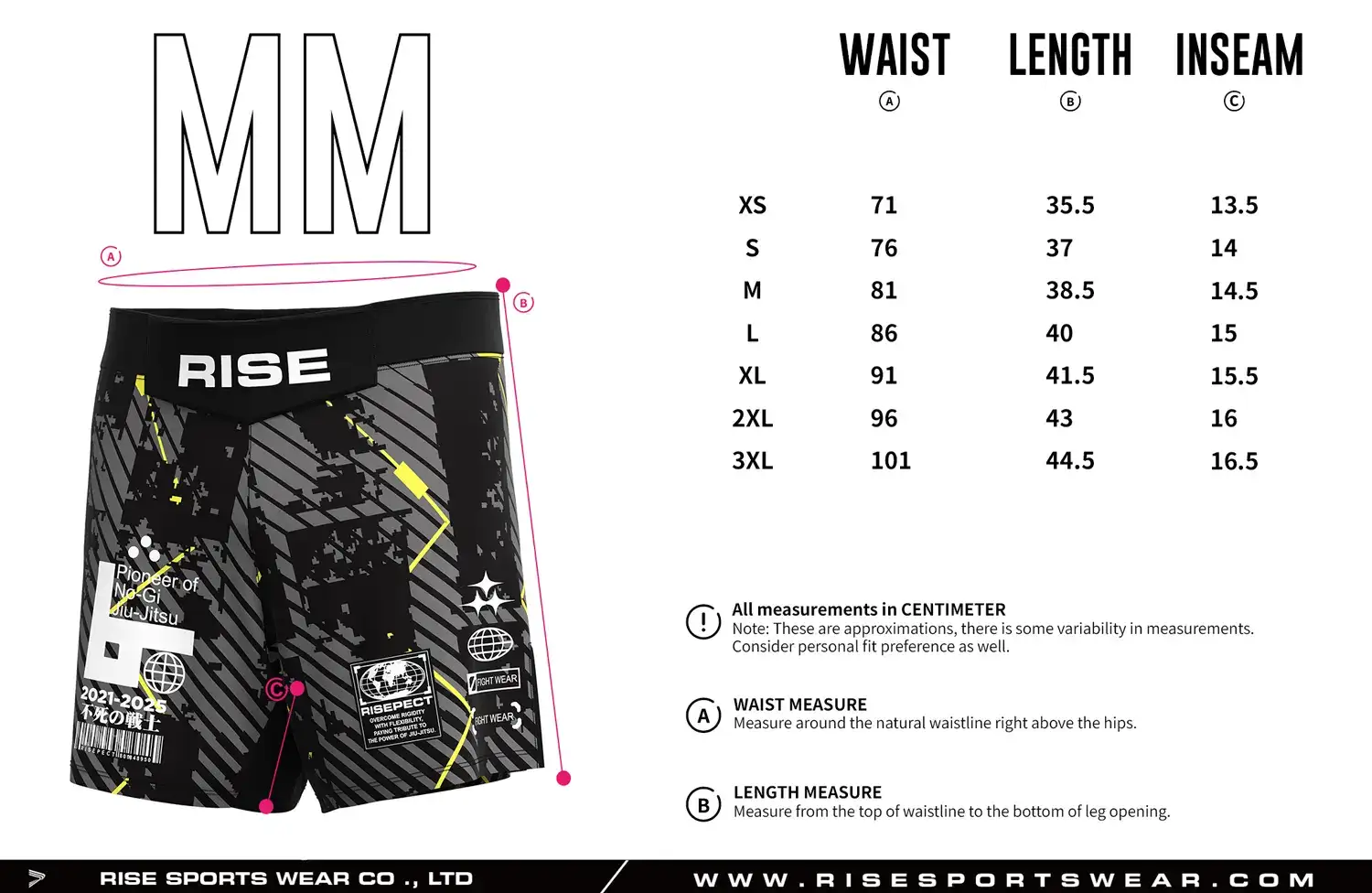 Customize your own brand/club/team no velcro MMA shorts' sizing, or choose our RISE Black Gold Lines MMA Shorts' sizing.