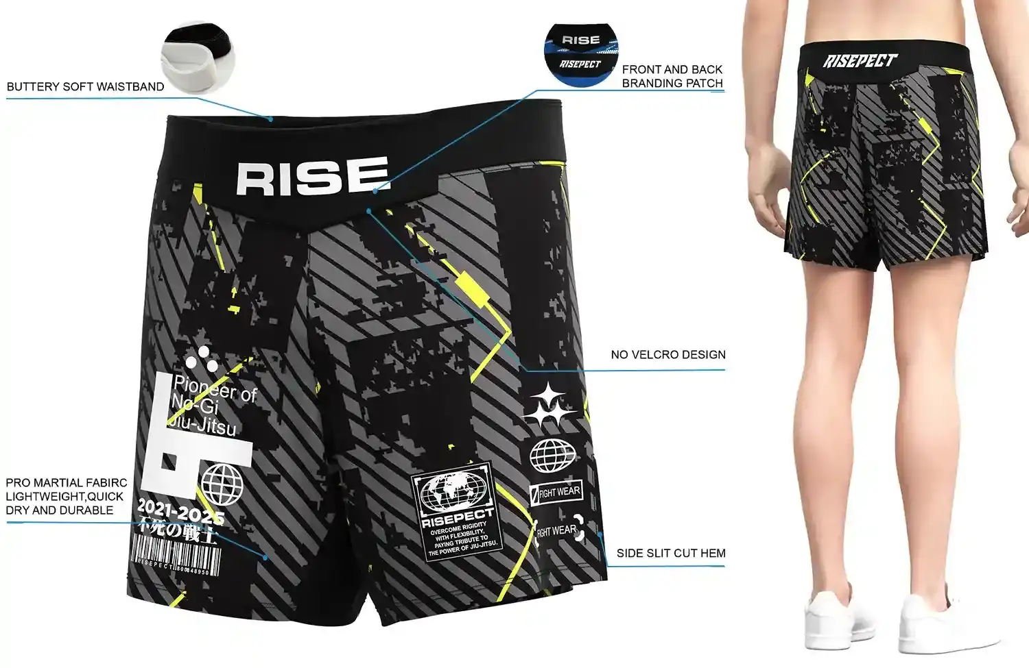 Front and back view of RISE Black Gold Lines MMA Shorts, showing buttery soft waistband, front and back branding patches, no-velcro design, pro martial fabric, and side slit cut hem.