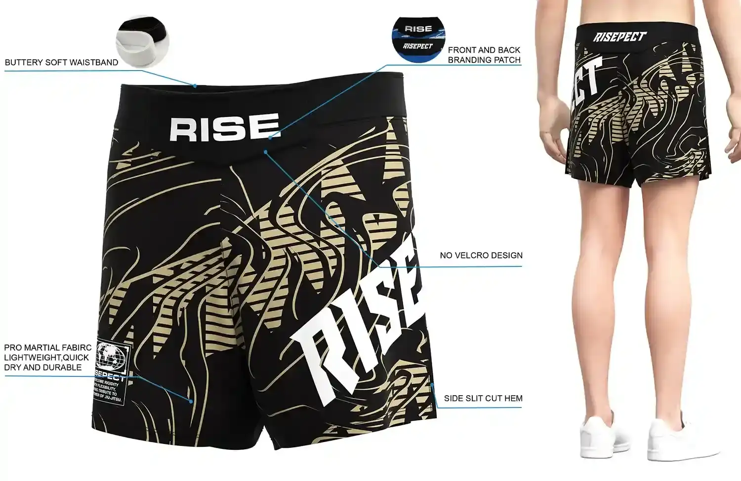 Front and back view of RISE Horror Night Forest MMA Shorts, showing buttery soft waistband, front and back branding patches, no-velcro design, pro martial fabric, and side slit cut hem.