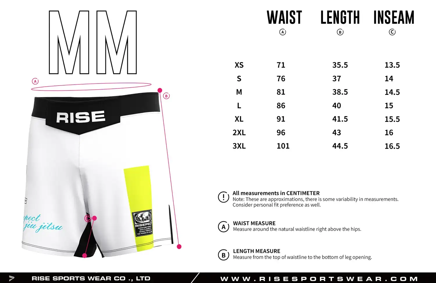 Customize your no velcro MMA shorts' sizing, or choose our RISE White Neon Panel MMA Shorts' sizing.