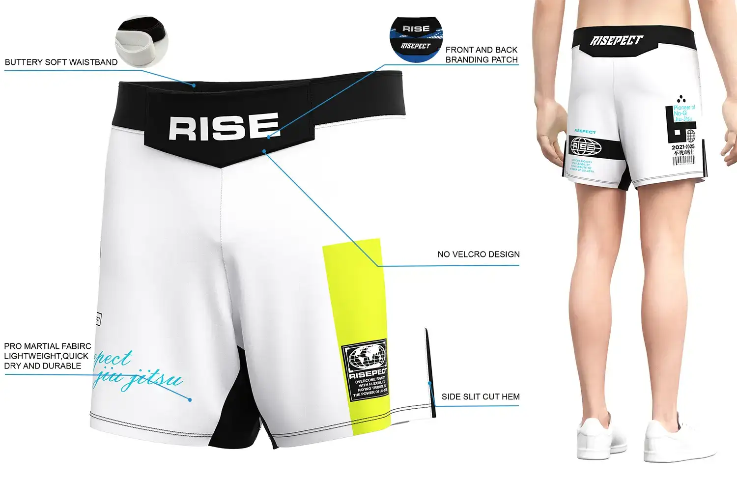 Front and back view of RISE White Neon Panel MMA Shorts, showing buttery soft waistband, front and back branding patches, no-velcro design, pro martial fabric, and side slit cut hem.