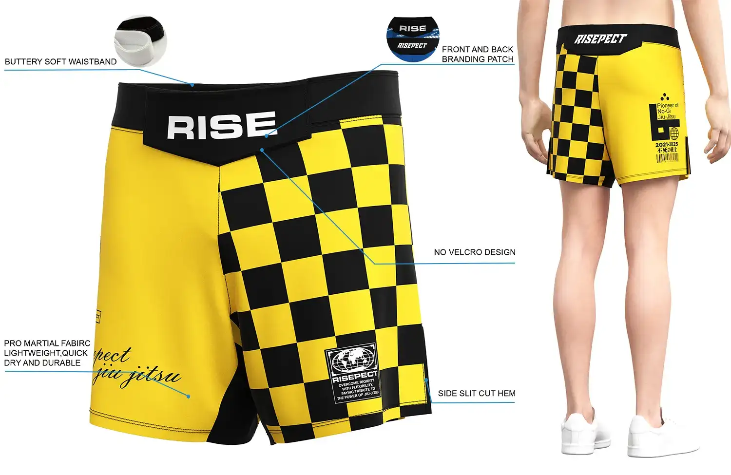 Front and back view of RISE Yellow Checkerboard MMA Shorts, showing buttery soft waistband, front and back branding patches, no-velcro design, pro martial fabric, and side slit cut hem.