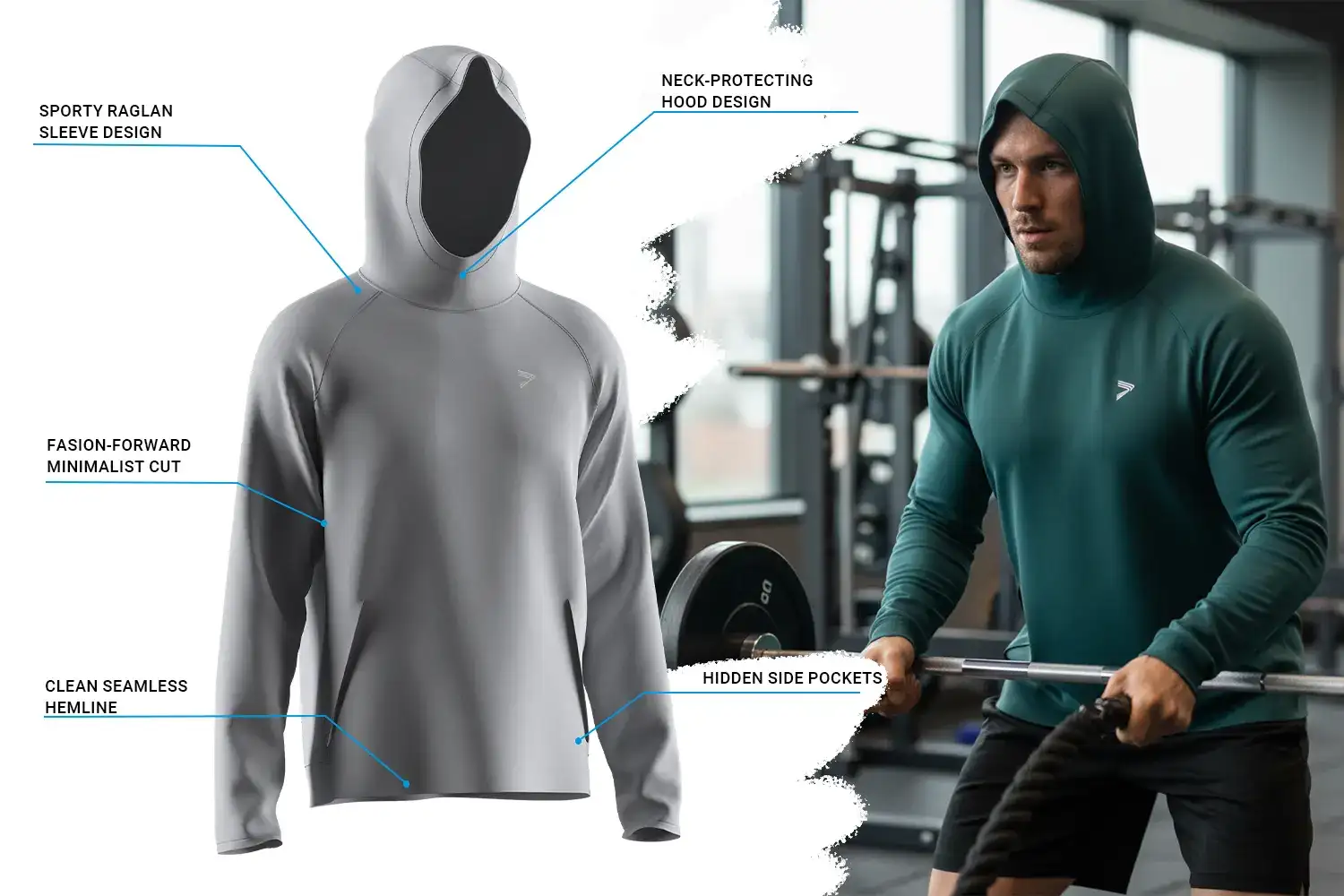 Muscular male athlete training in a gym while wearing a performance athletic hoodie muscle fit featuring a sporty raglan sleeve, neck-protecting hood, minimalist cut, seamless hemline, and hidden side pockets. The athletic hoodie muscle fit contours the upper body, highlighting muscle definition while supporting unrestricted movement.