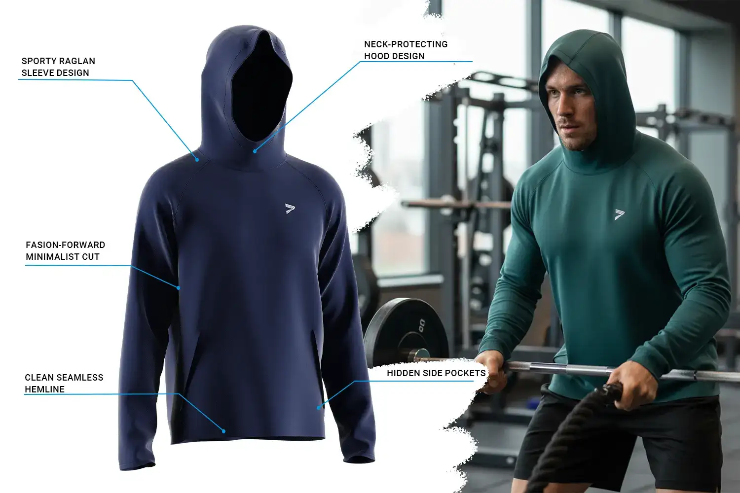 Muscular male athlete training in a gym while wearing a performance gym hoodie featuring a sporty raglan sleeve, neck-protecting hood, minimalist cut, seamless hemline, and hidden side pockets. The gym hoodie contours the upper body, highlighting muscle definition while supporting unrestricted movement.