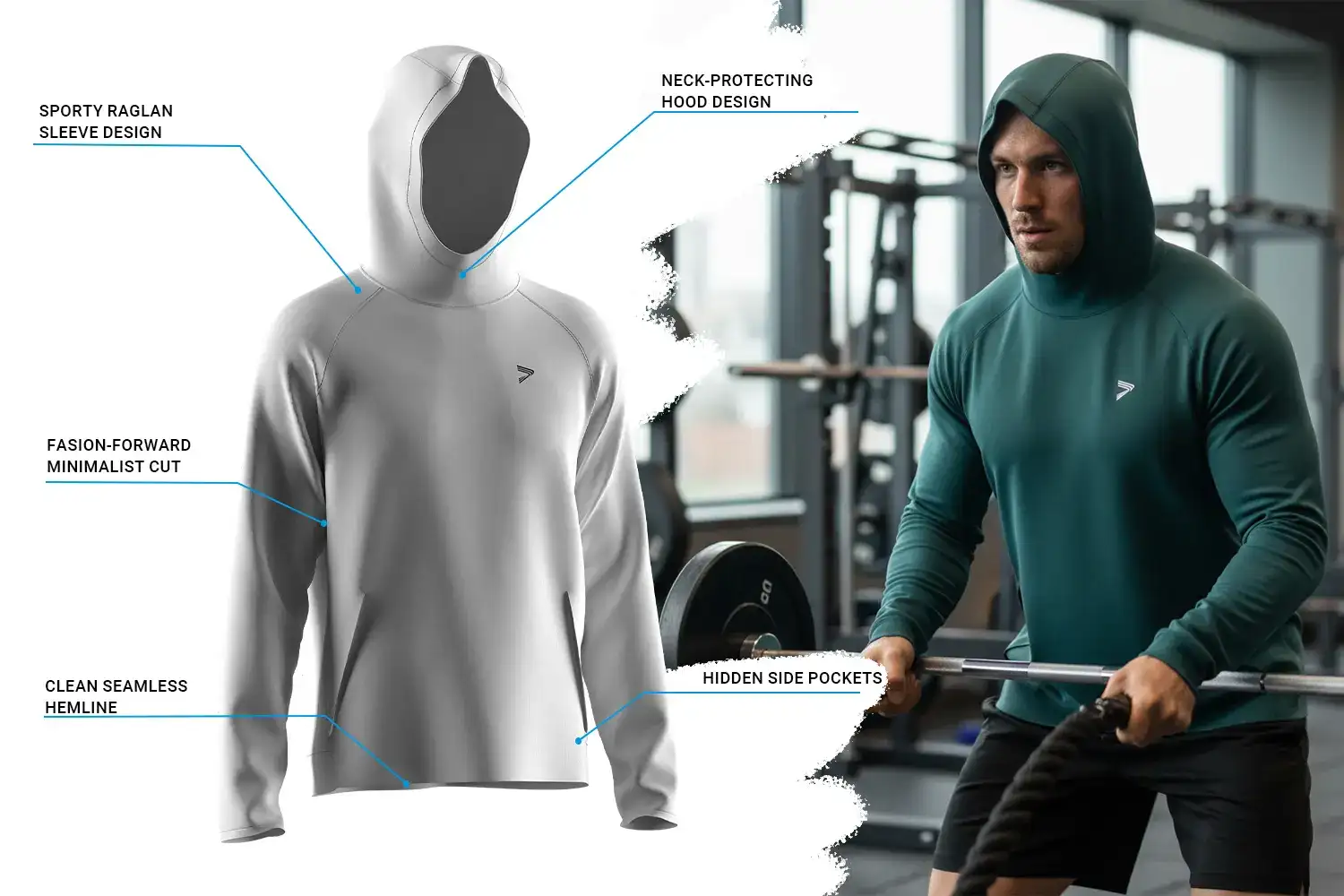 Muscular male athlete training in a gym while wearing a performance athletic hoodie featuring a sporty raglan sleeve, neck-protecting hood, minimalist cut, seamless hemline, and hidden side pockets. The athletic muscle fit hoodie contours the upper body, highlighting muscle definition while supporting unrestricted movement.