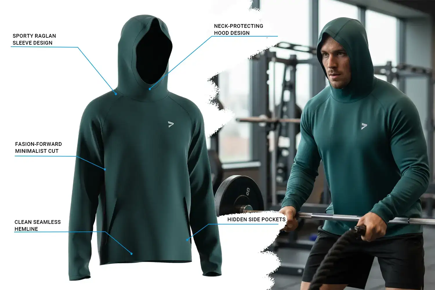 Muscular male athlete training in a gym while wearing a performance men training muscle fit hoodie featuring a sporty raglan sleeve, neck-protecting hood, minimalist cut, seamless hemline, and hidden side pockets. The athletic hoodie contours the upper body, highlighting muscle definition while supporting unrestricted movement.